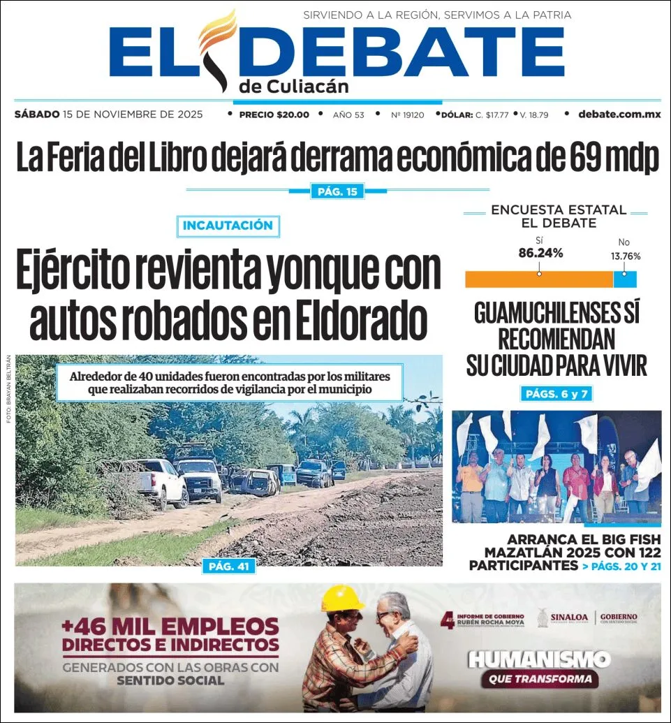 Portada de El Debate de Culiacan del sábado, 15 de noviembre de 2025