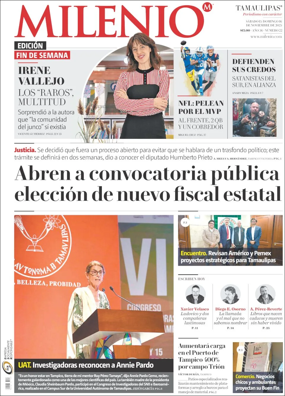 Portada de Milenio Tamaulipas del sábado, 15 de noviembre de 2025