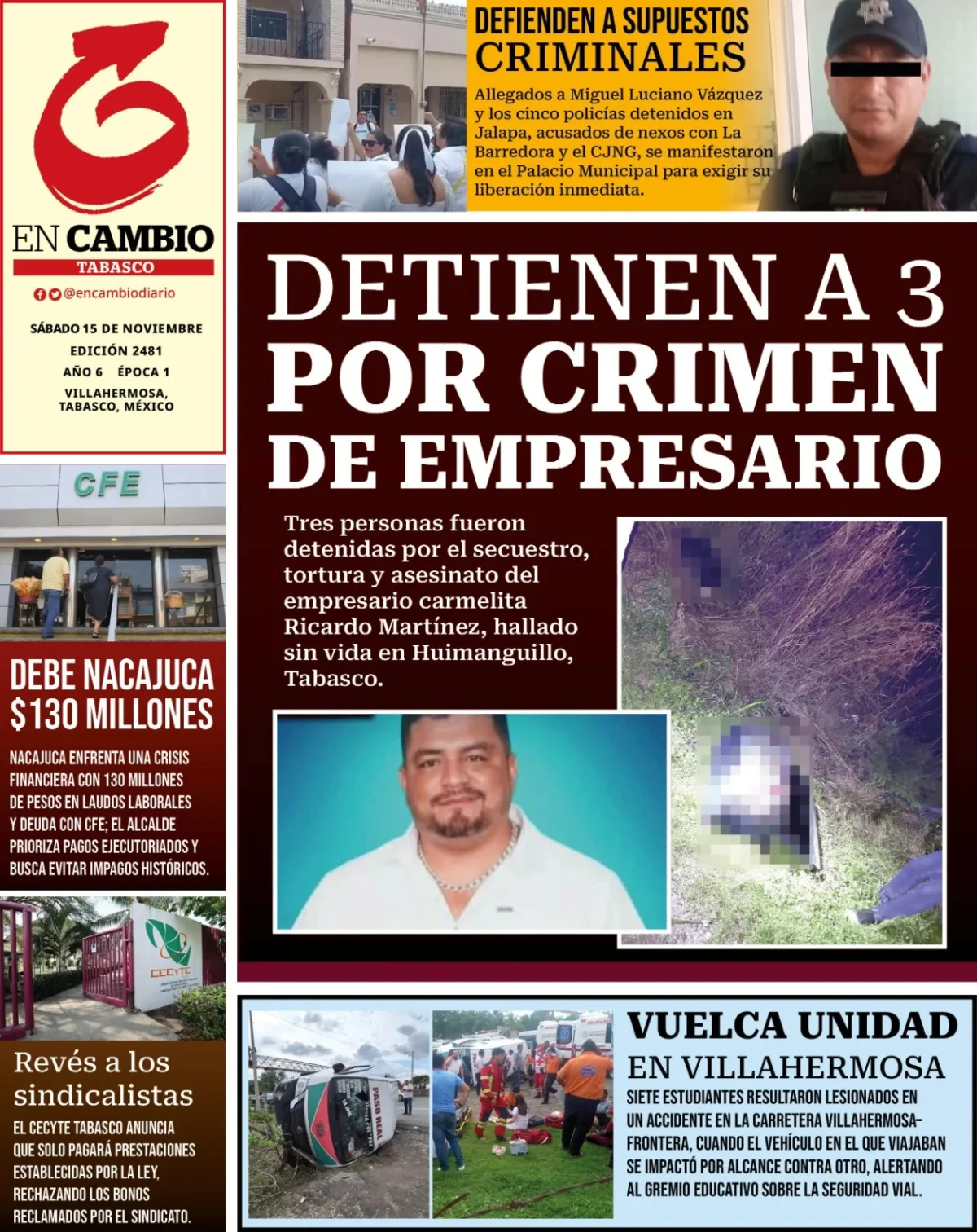 Portada de En Cambio - Tabasco (contraportada) del sábado, 15 de noviembre de 2025
