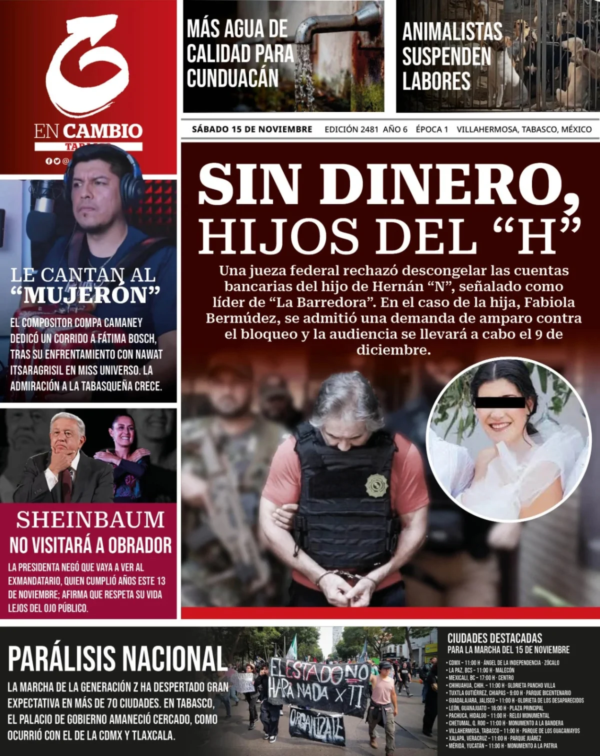 Portada de En Cambio - Tabasco (portada) del sábado, 15 de noviembre de 2025