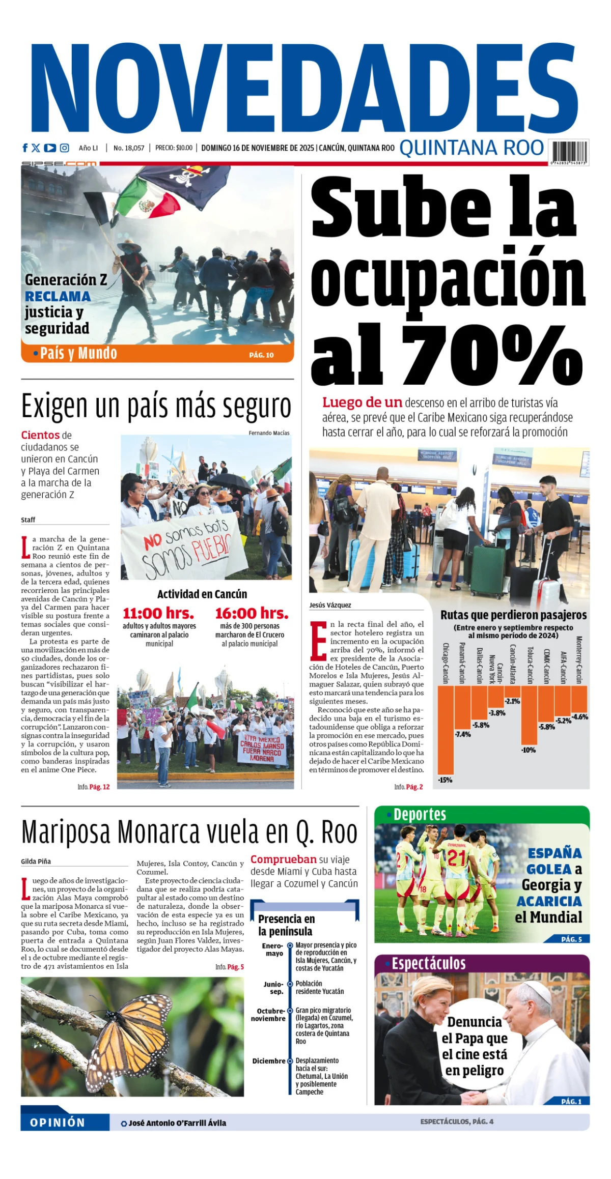 Portada de Novedades Quintana Roo del domingo, 16 de noviembre de 2025