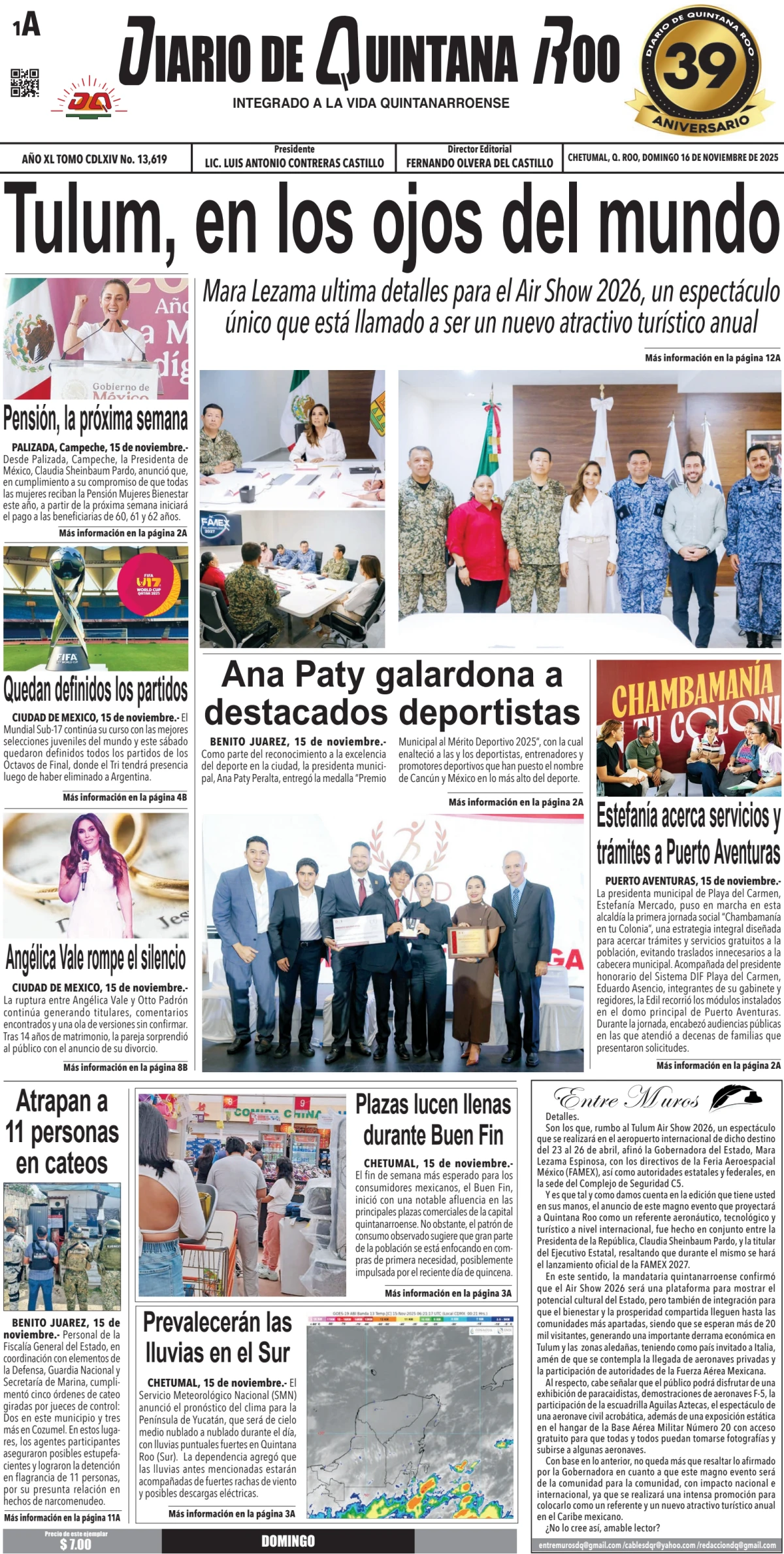 Portada de Diario de Quintana Roo (portada) del domingo, 16 de noviembre de 2025