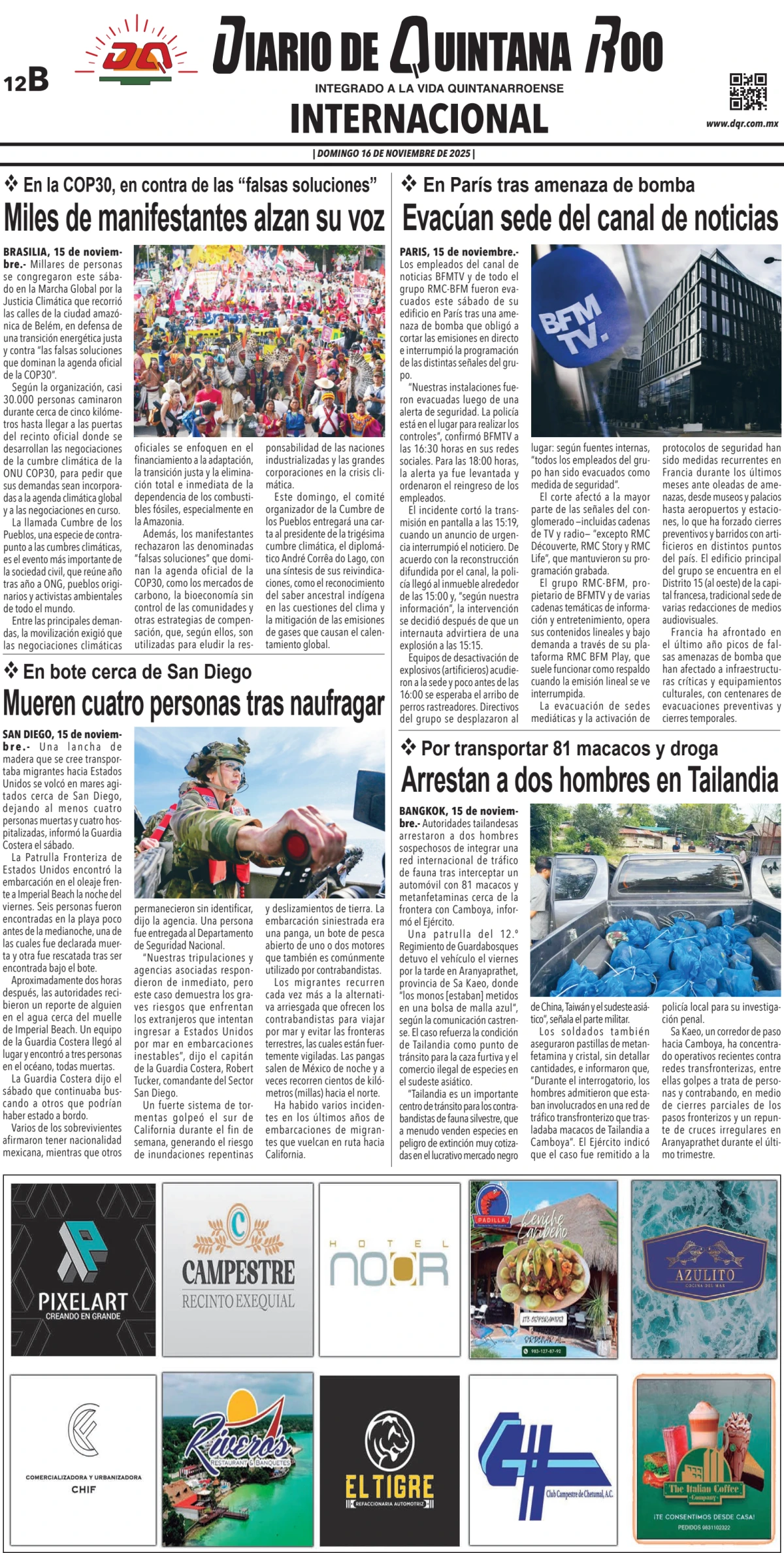 Portada de Diario de Quintana Roo (contra Portada) del domingo, 16 de noviembre de 2025
