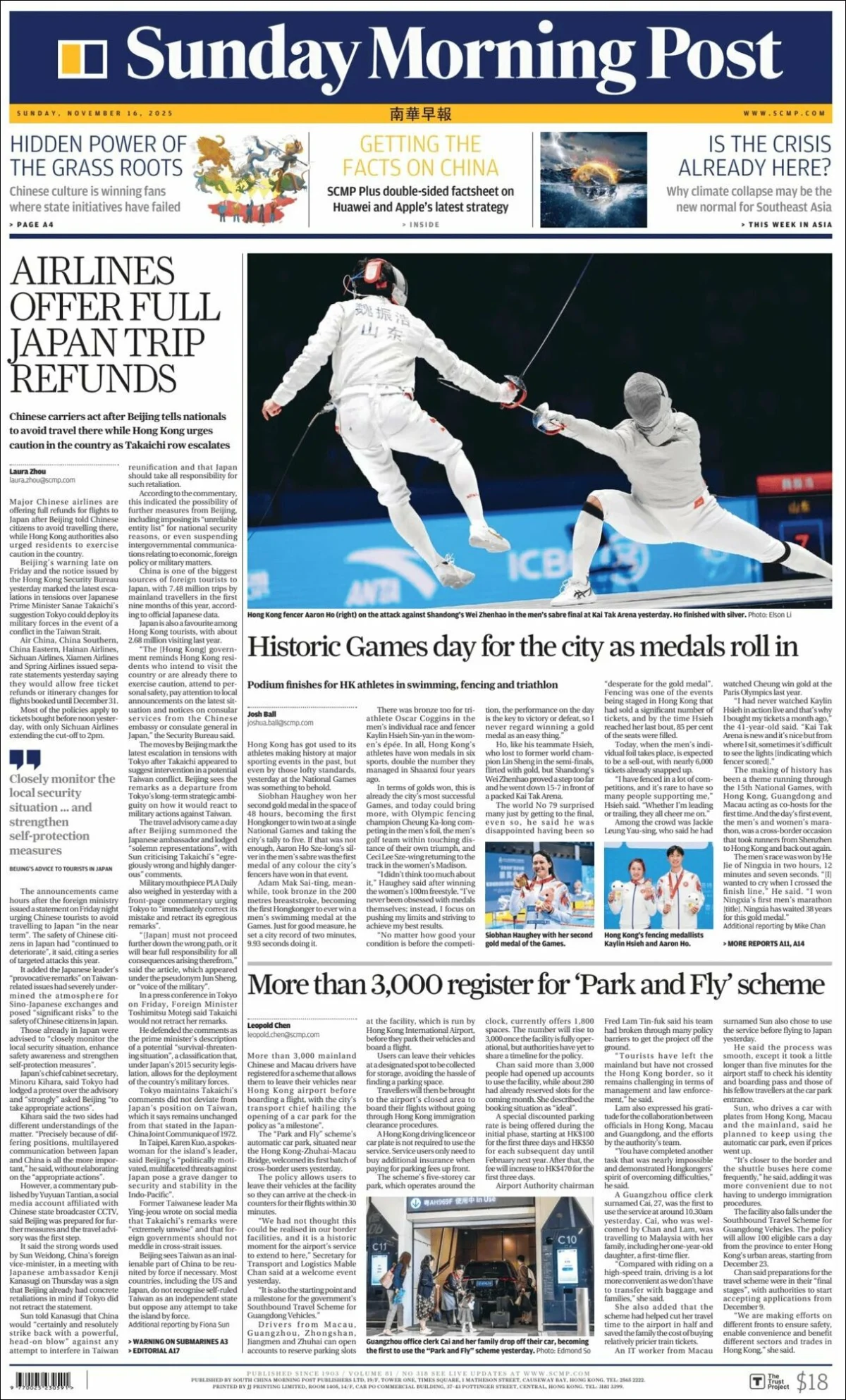 Portada de South China Morning Post del domingo, 16 de noviembre de 2025