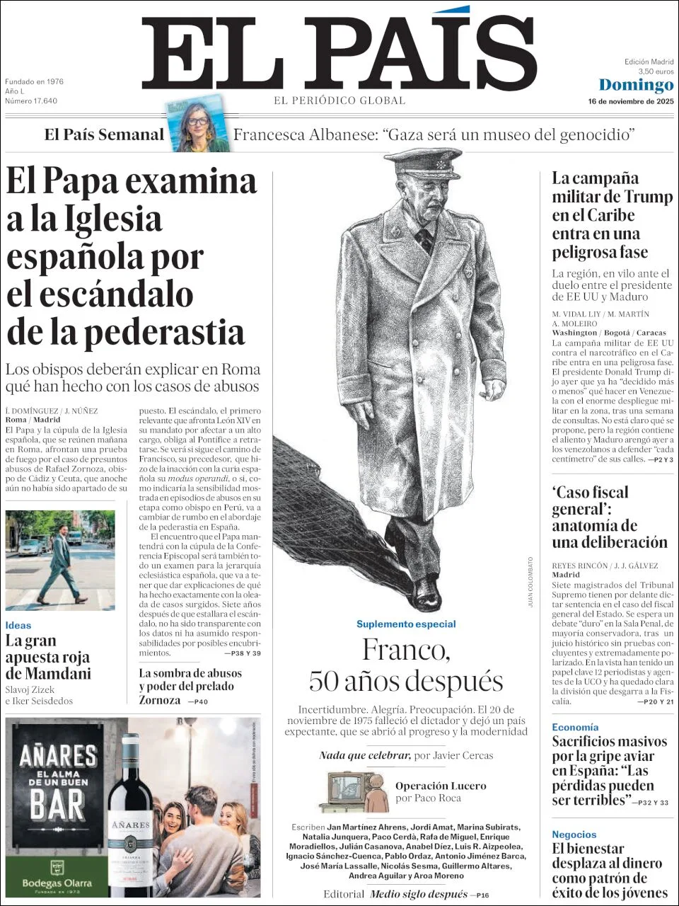 Portada de El Pais del domingo, 16 de noviembre de 2025