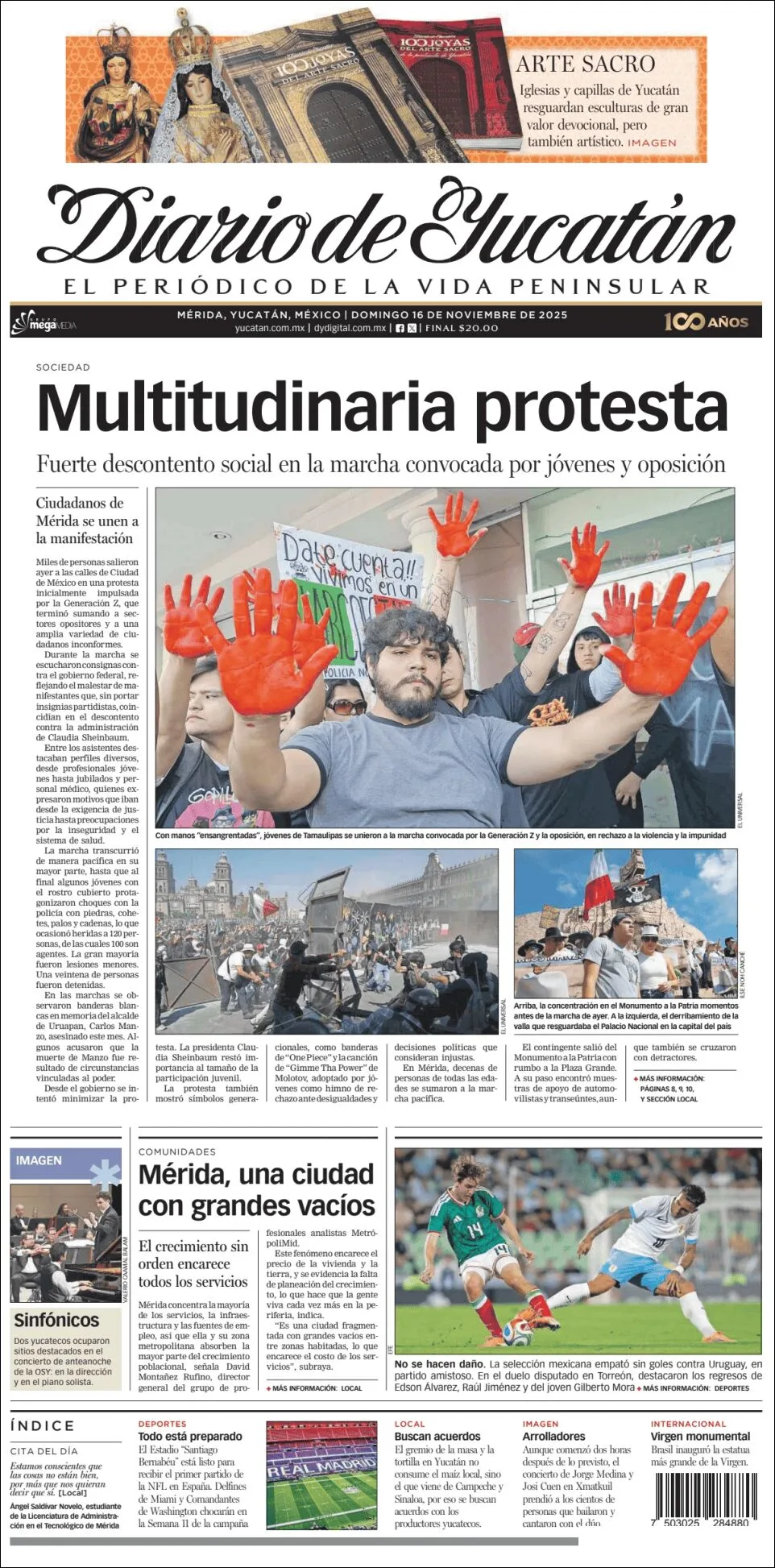 Portada de Diario de Yucatán del domingo, 16 de noviembre de 2025