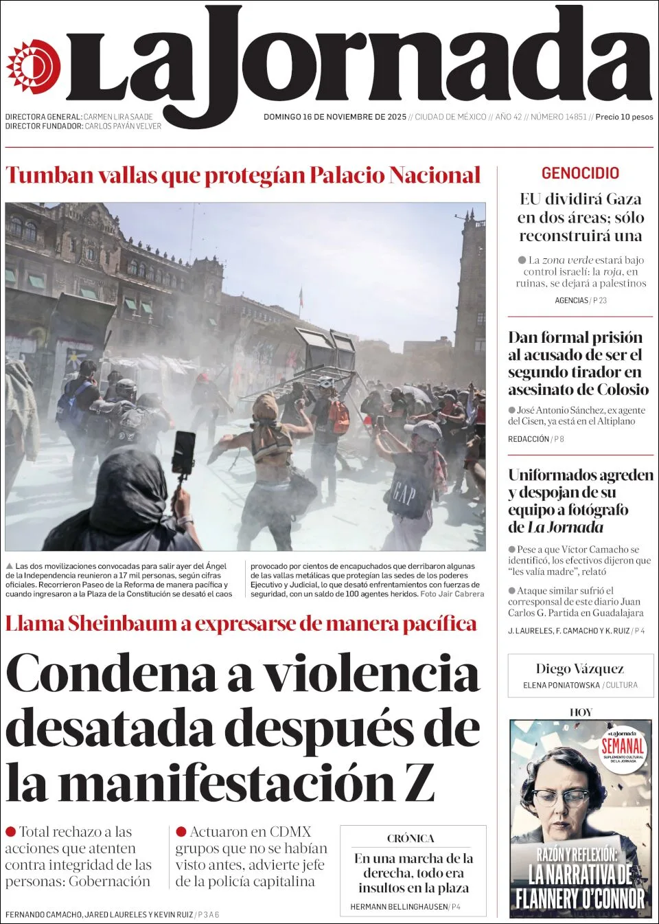 Portada de La Jornada del domingo, 16 de noviembre de 2025