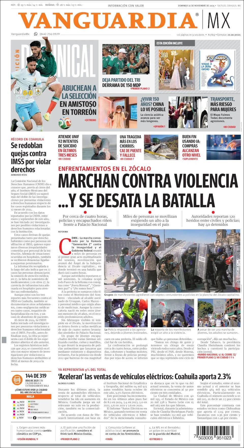 Portada de Vanguardia del domingo, 16 de noviembre de 2025