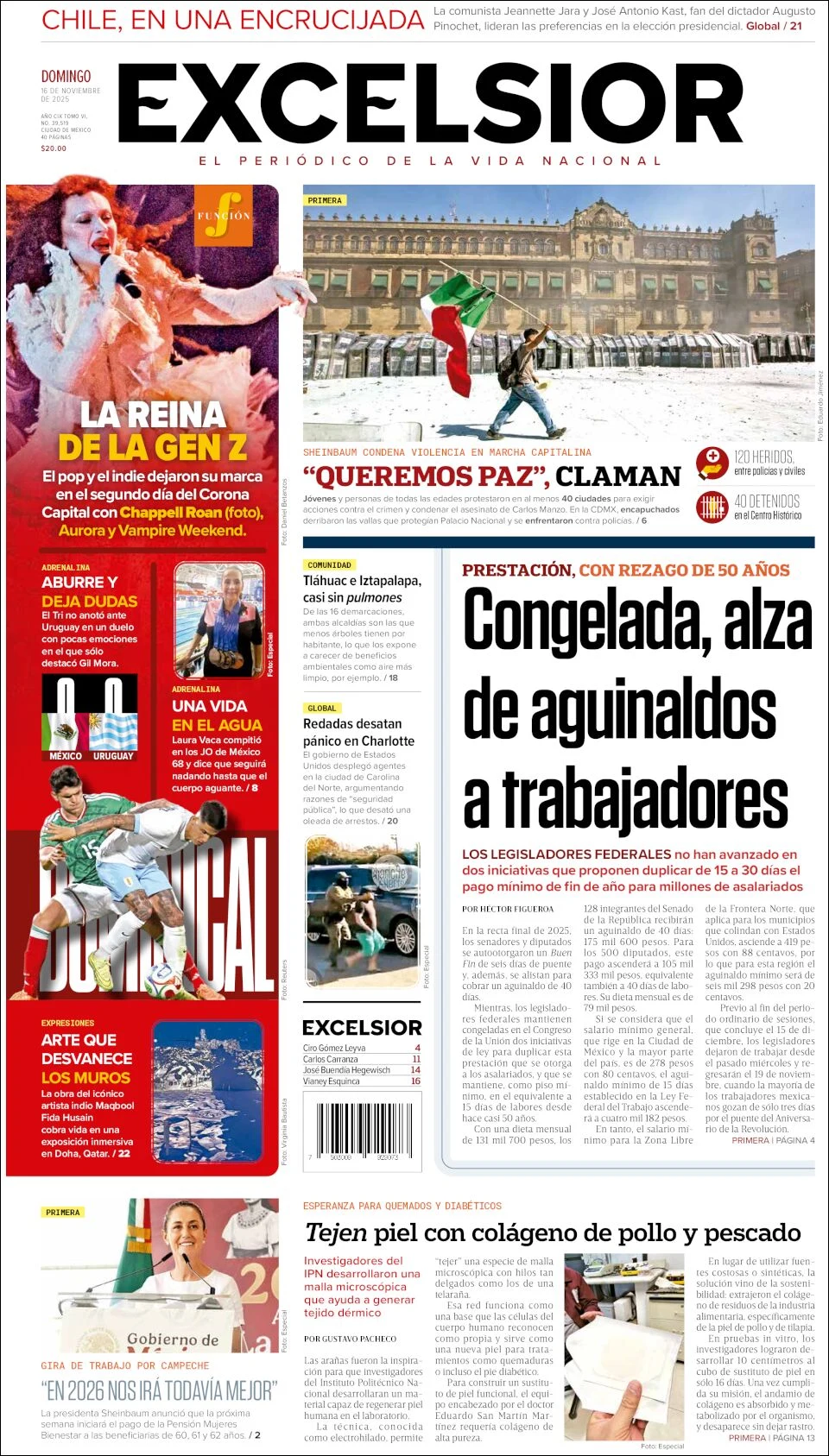 Portada de Excelsior del domingo, 16 de noviembre de 2025