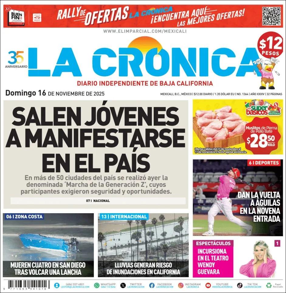 Portada de La Cronica del domingo, 16 de noviembre de 2025