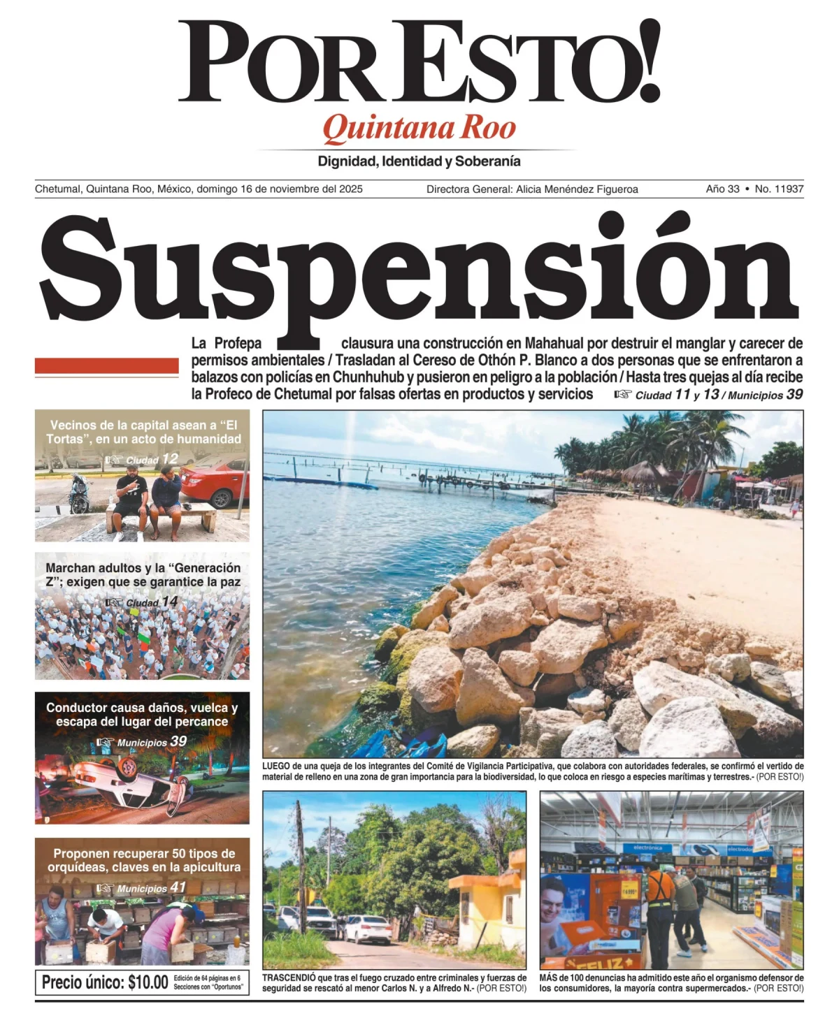 Portada de Por Esto (quintana Roo Chetumal) del domingo, 16 de noviembre de 2025