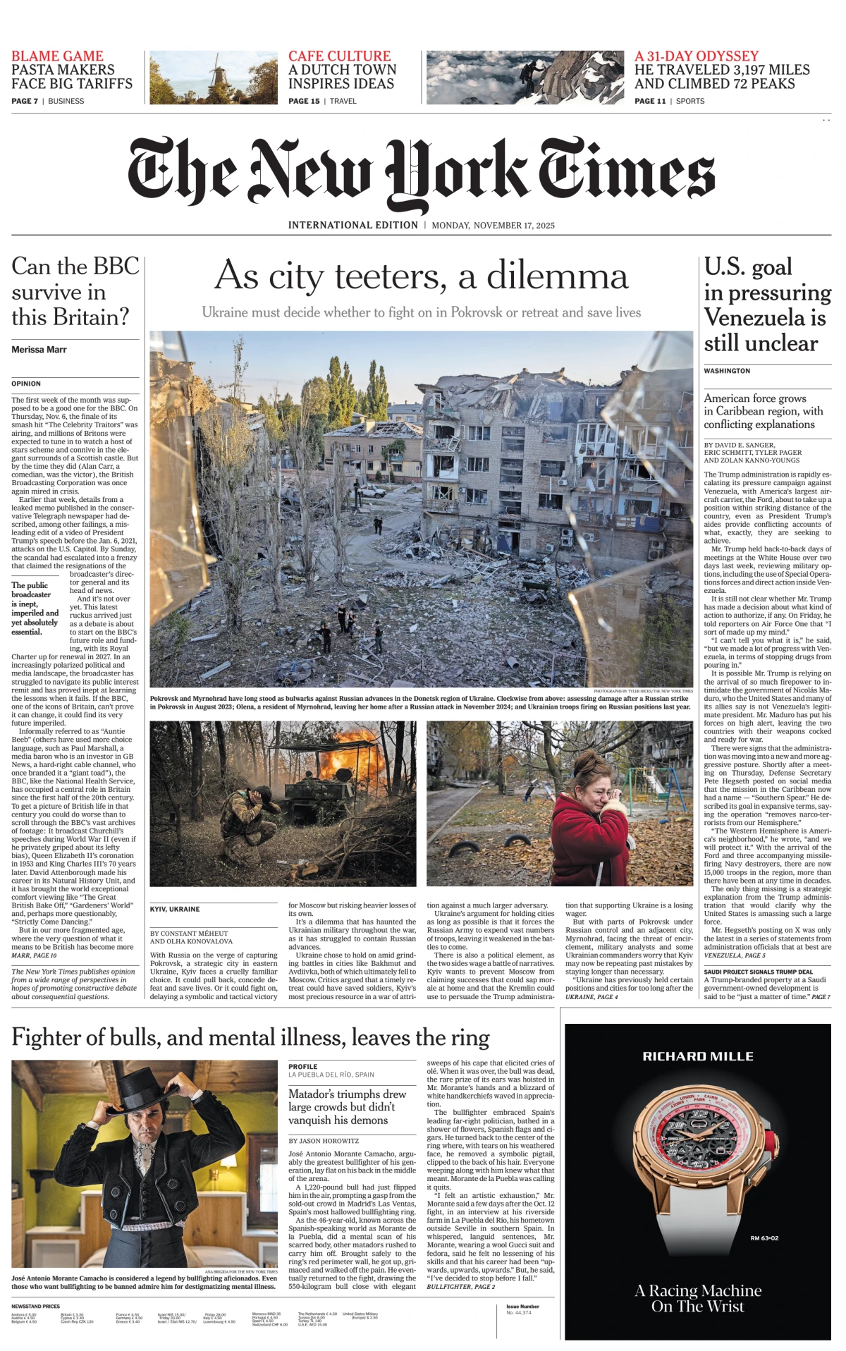 Portada de The New York Times (international) del lunes, 17 de noviembre de 2025