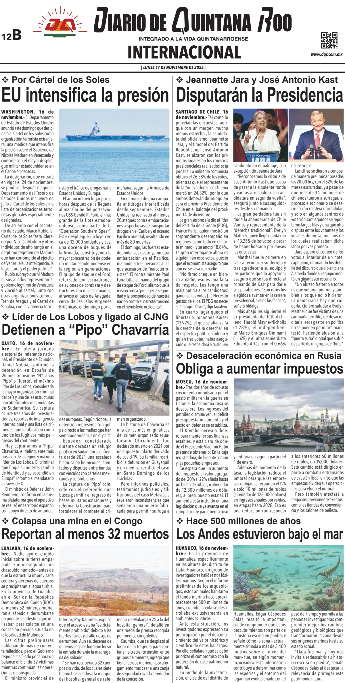 Portada de Diario de Quintana Roo (contra Portada) del lunes, 17 de noviembre de 2025