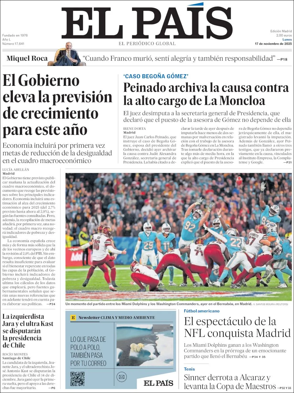 Portada de El Pais del lunes, 17 de noviembre de 2025