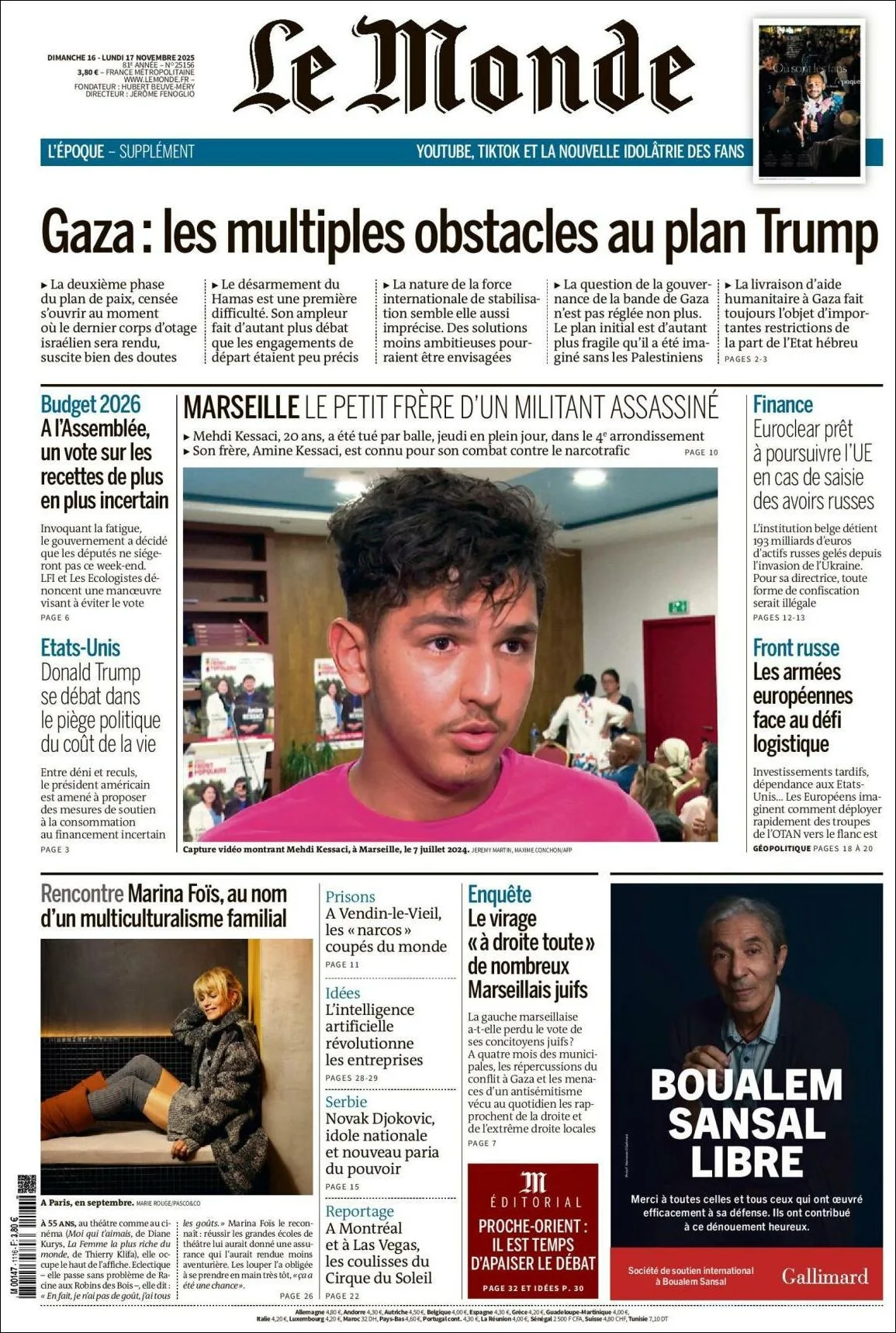 Portada de Le Monde del lunes, 17 de noviembre de 2025