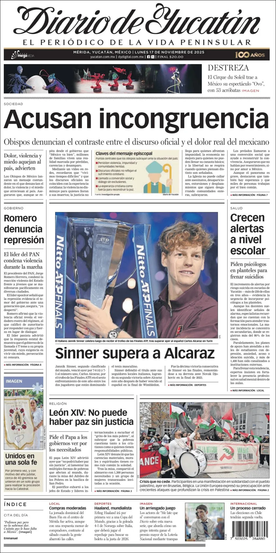 Portada de Diario de Yucatán del lunes, 17 de noviembre de 2025