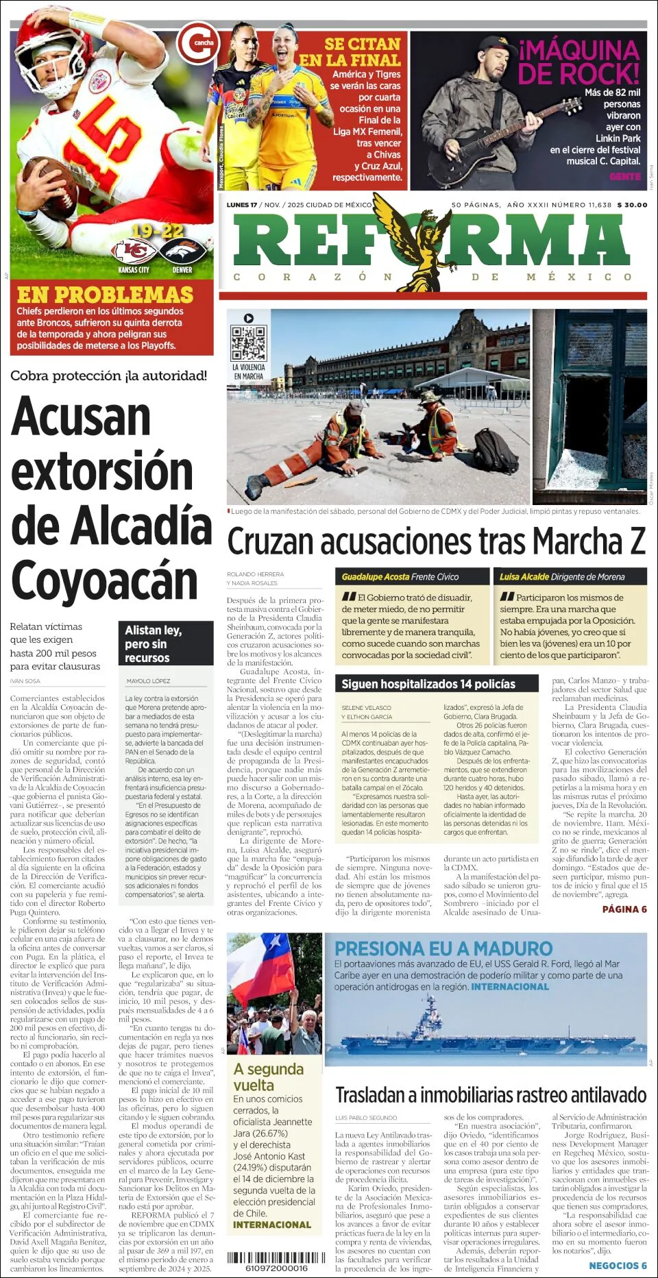 Portada de Reforma del lunes, 17 de noviembre de 2025