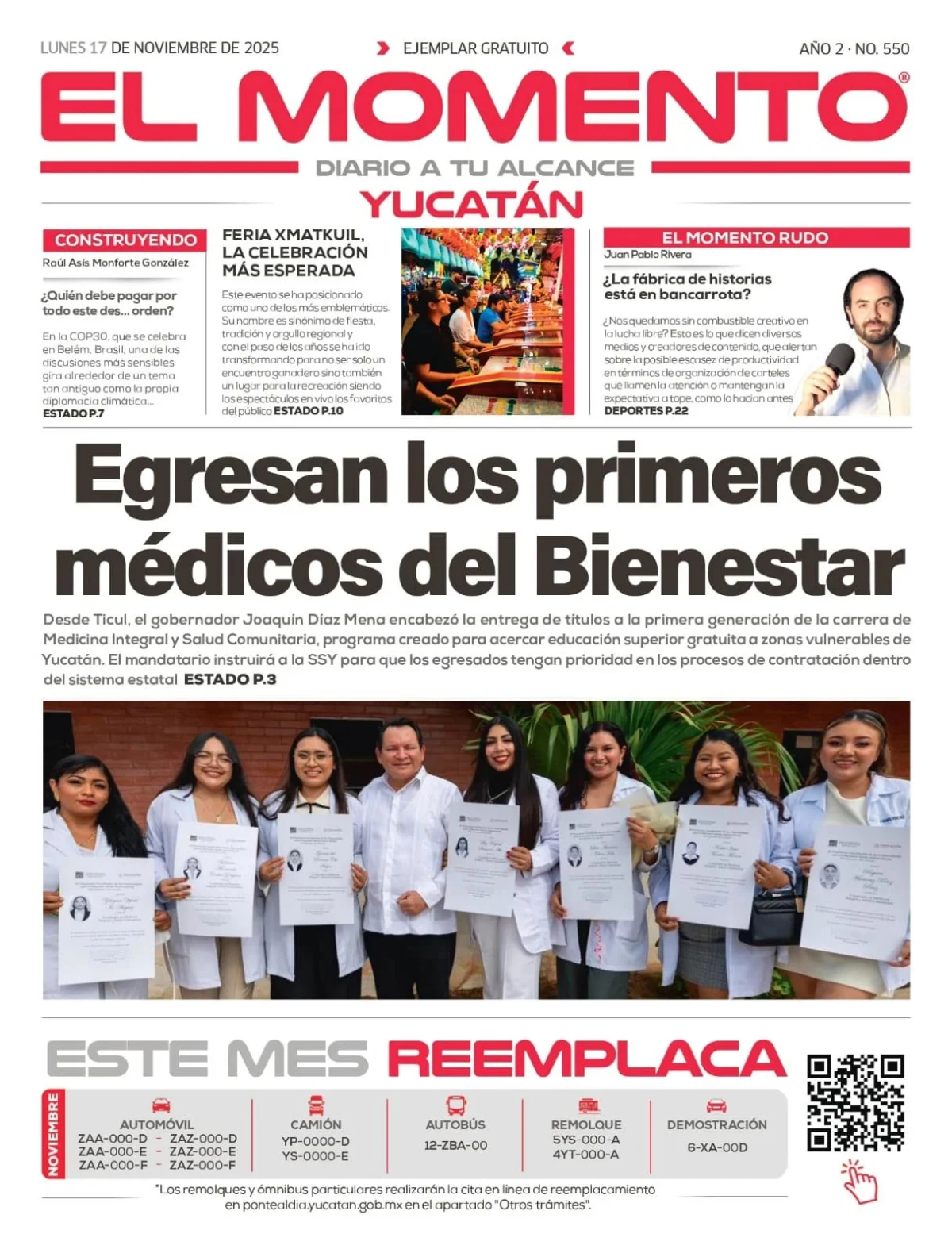 Portada de El Momento Yucatan del lunes, 17 de noviembre de 2025