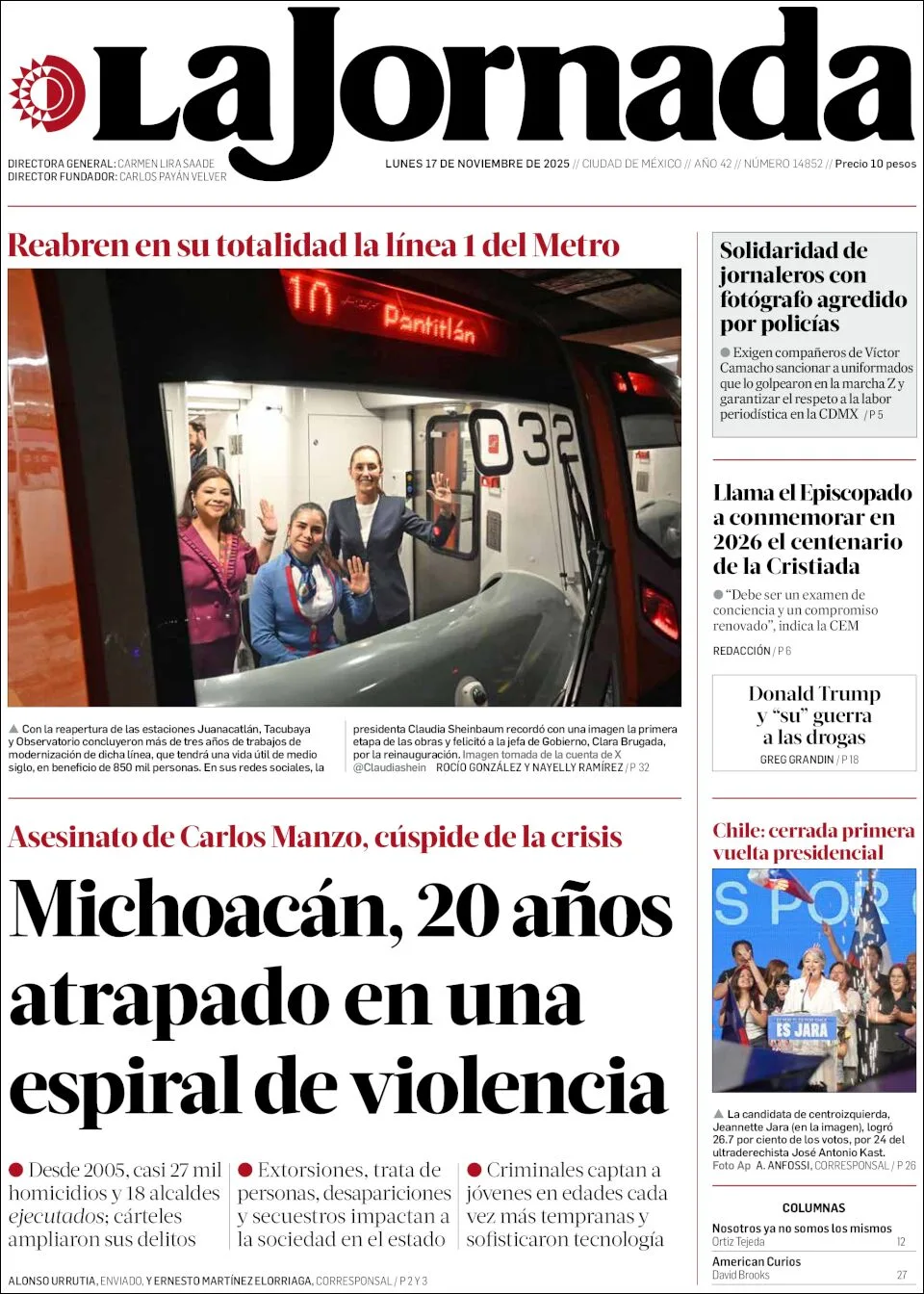 Portada de La Jornada del lunes, 17 de noviembre de 2025