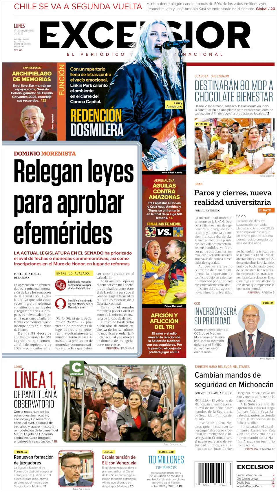 Portada de Excelsior del lunes, 17 de noviembre de 2025