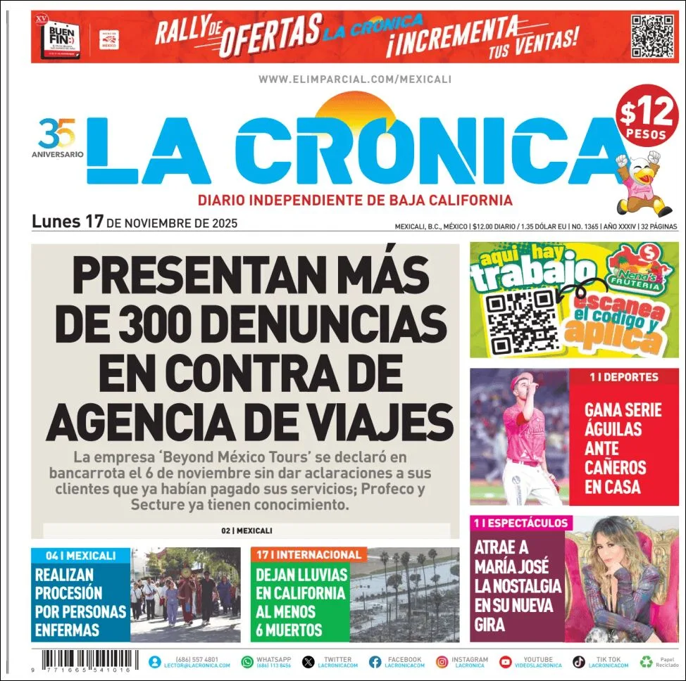 Portada de La Cronica del lunes, 17 de noviembre de 2025