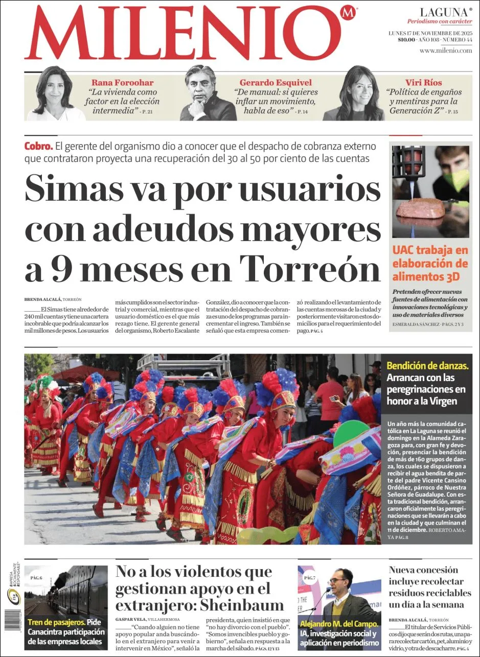 Portada de Milenio Laguna del lunes, 17 de noviembre de 2025