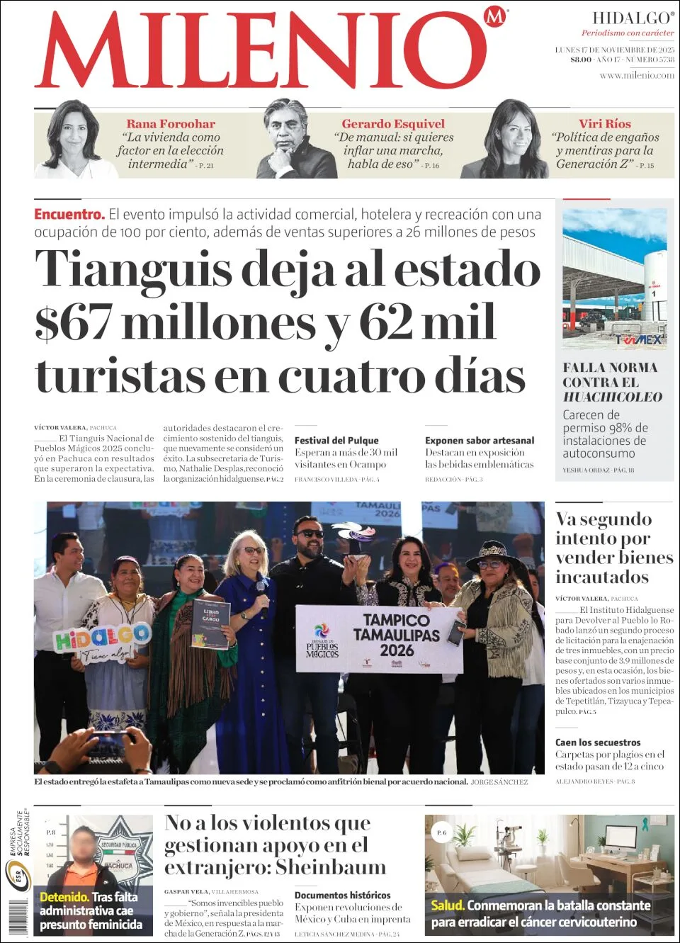 Portada de Milenio Hidalgo del lunes, 17 de noviembre de 2025
