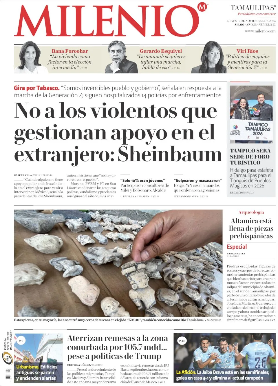 Portada de Milenio Tamaulipas del lunes, 17 de noviembre de 2025