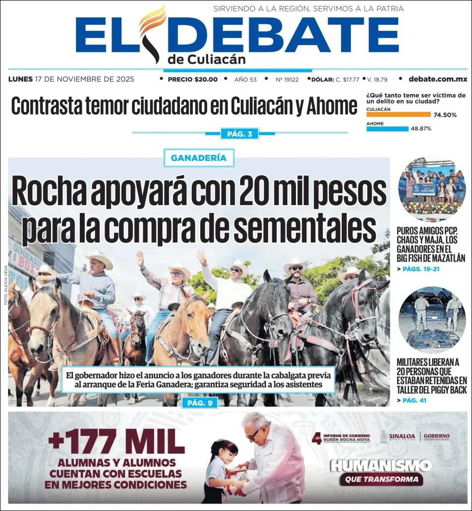 Portada de El Debate de Culiacan del lunes, 17 de noviembre de 2025