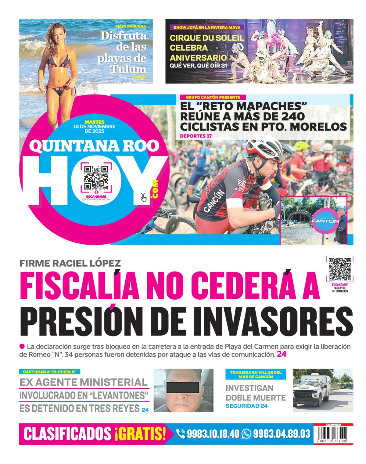 Portada de Quintana Roo Hoy (contraportada) del martes, 18 de noviembre de 2025
