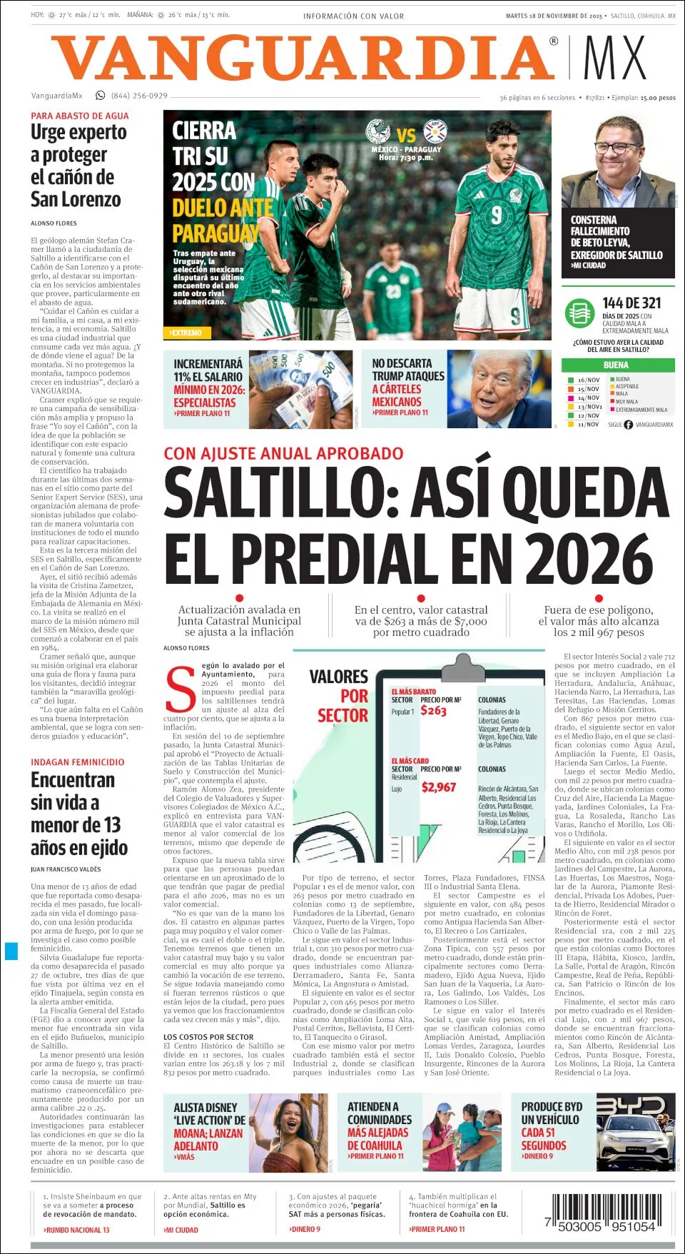Portada de Vanguardia del martes, 18 de noviembre de 2025