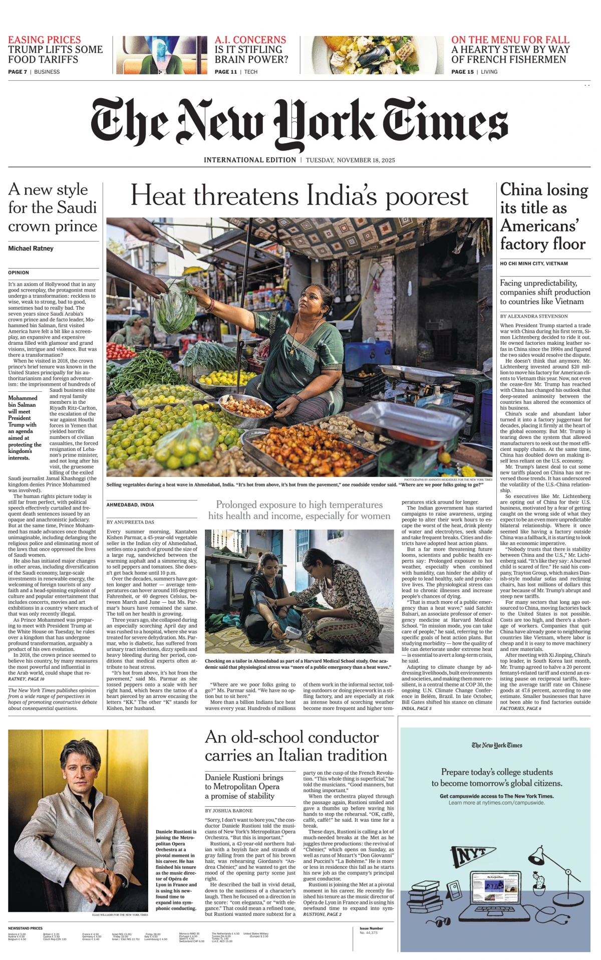Portada de The New York Times (international) del martes, 18 de noviembre de 2025