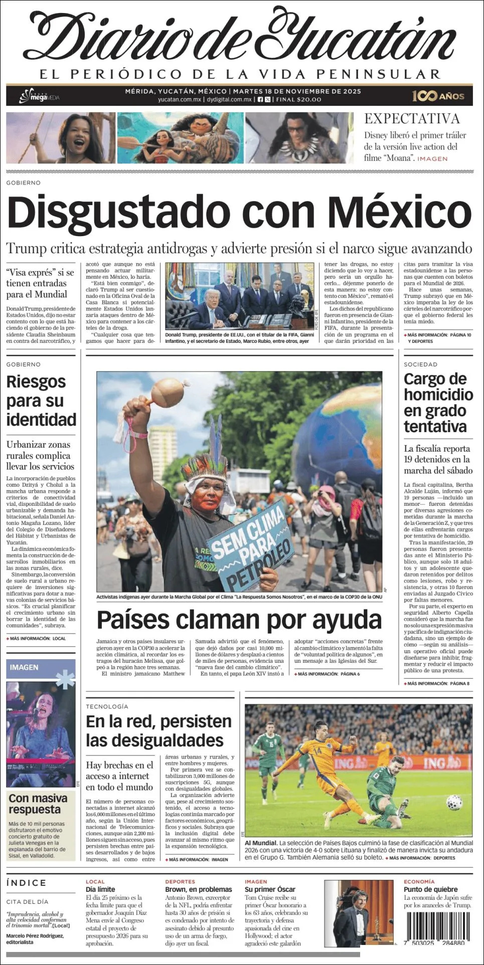 Portada de Diario de Yucatán del martes, 18 de noviembre de 2025