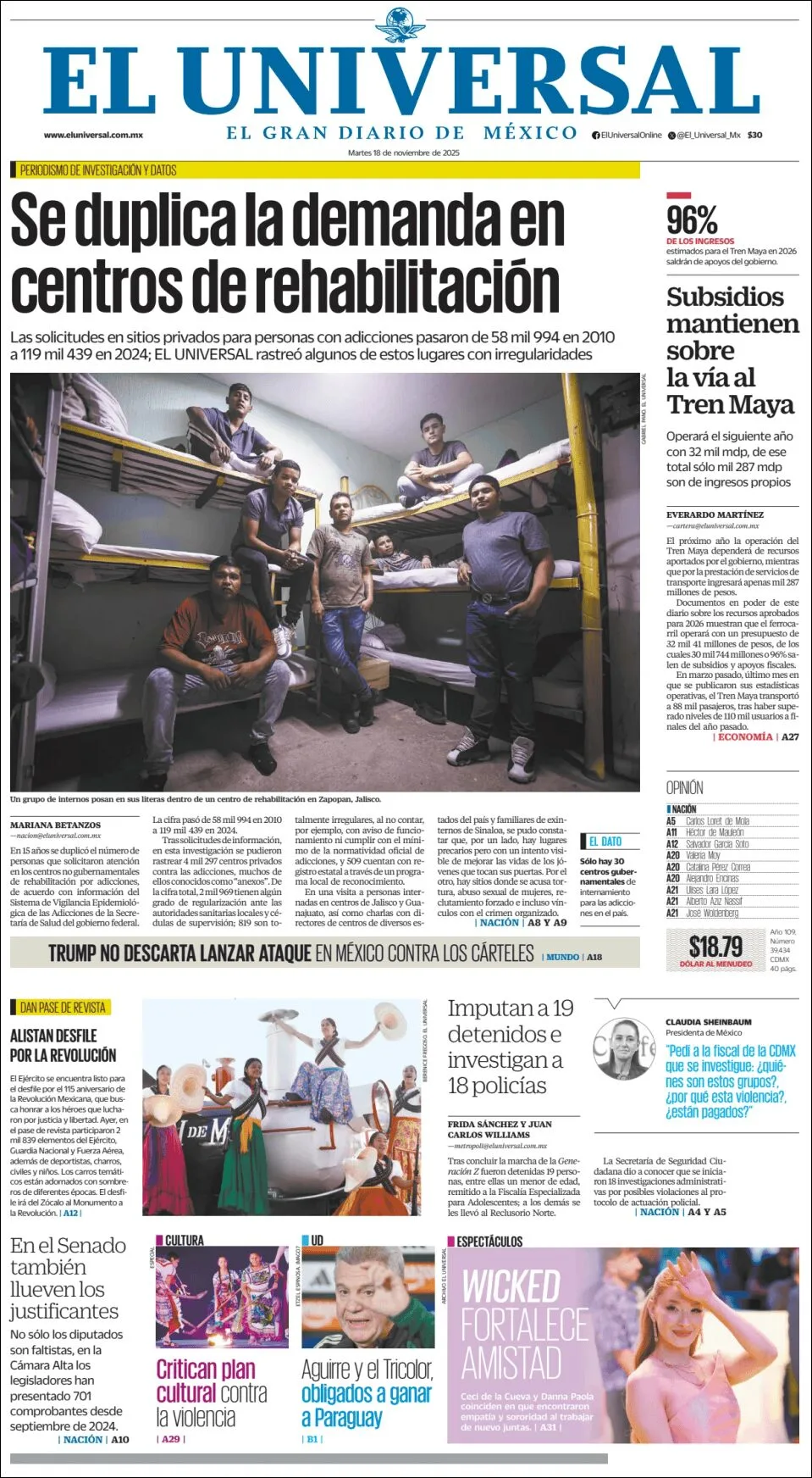 Portada de El Universal del martes, 18 de noviembre de 2025