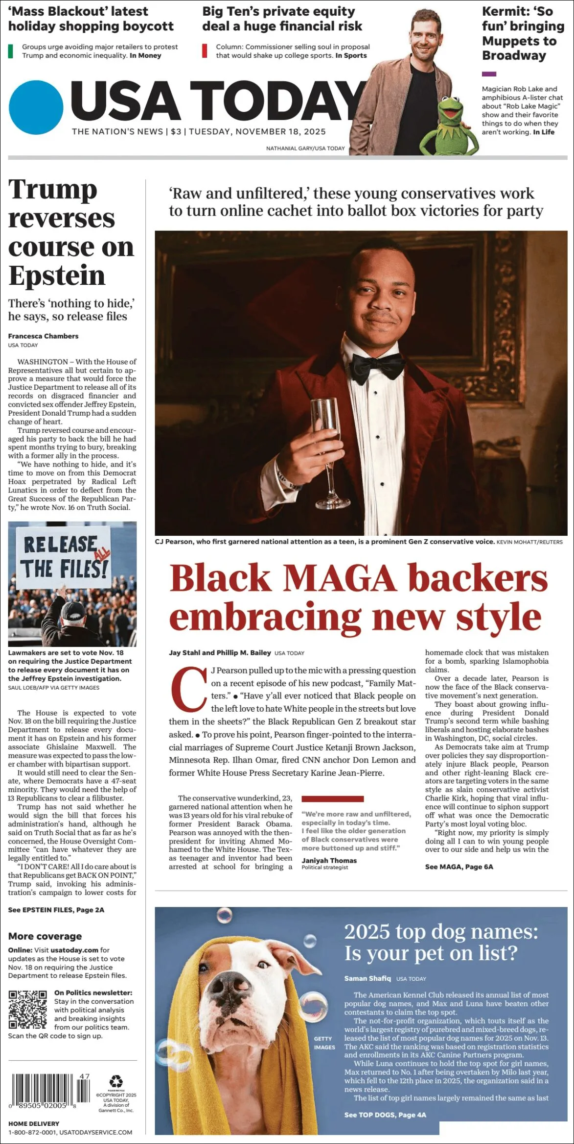 Portada de Usa Today del martes, 18 de noviembre de 2025