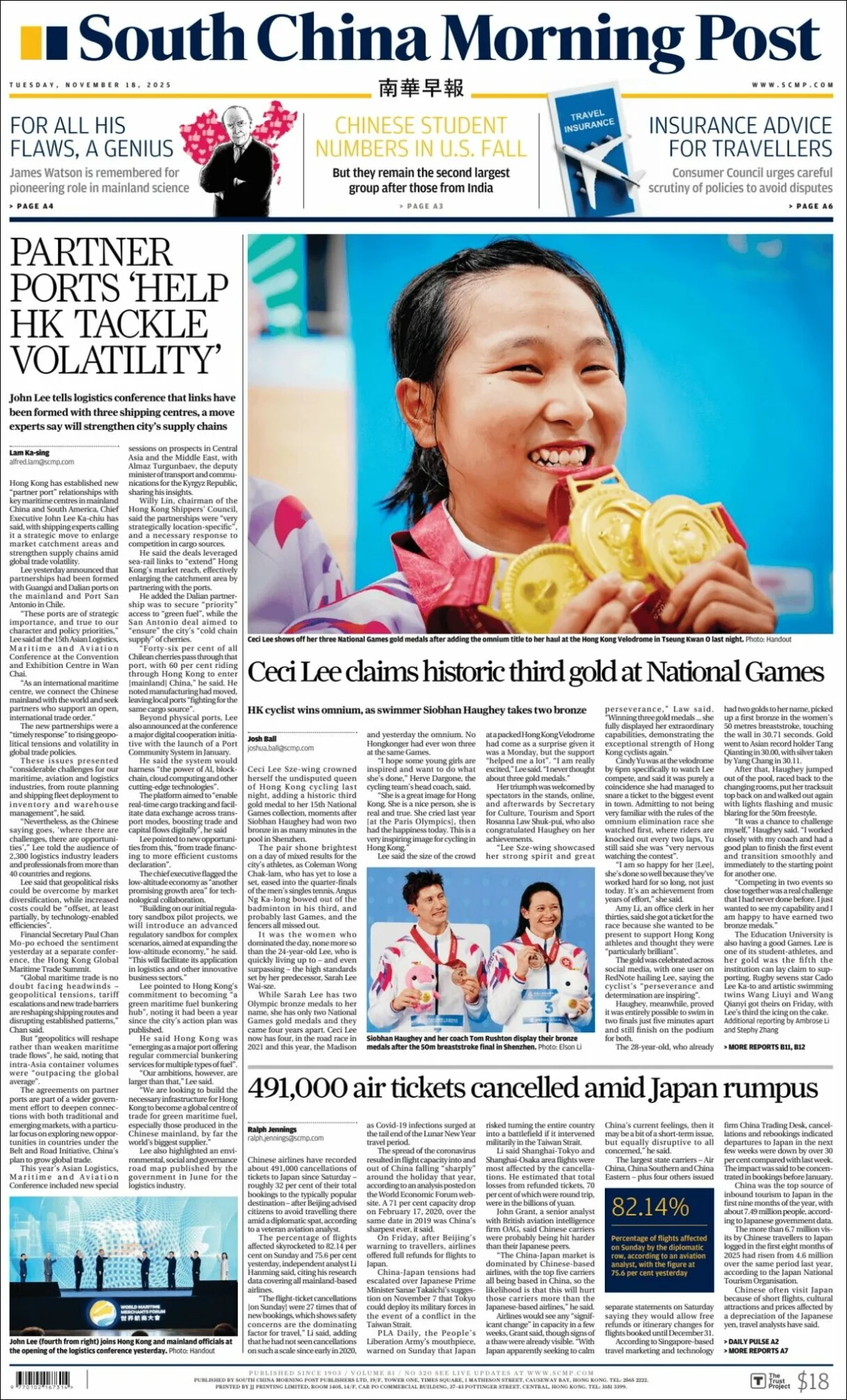 Portada de South China Morning Post del martes, 18 de noviembre de 2025