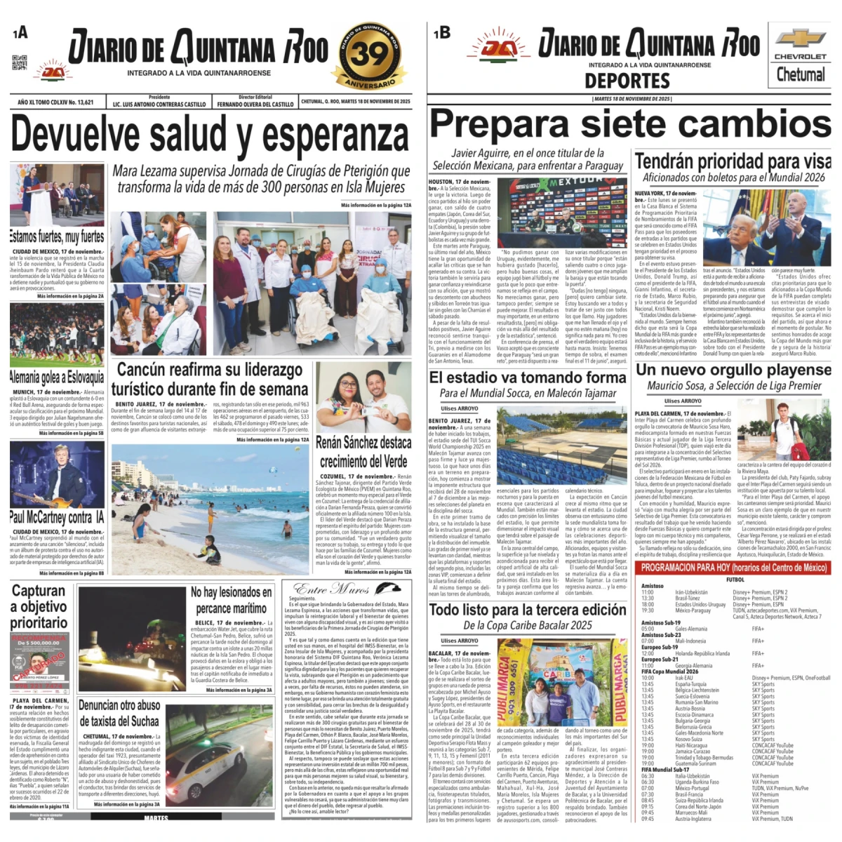 Portada de Diario de Quintana Roo (portada) del martes, 18 de noviembre de 2025