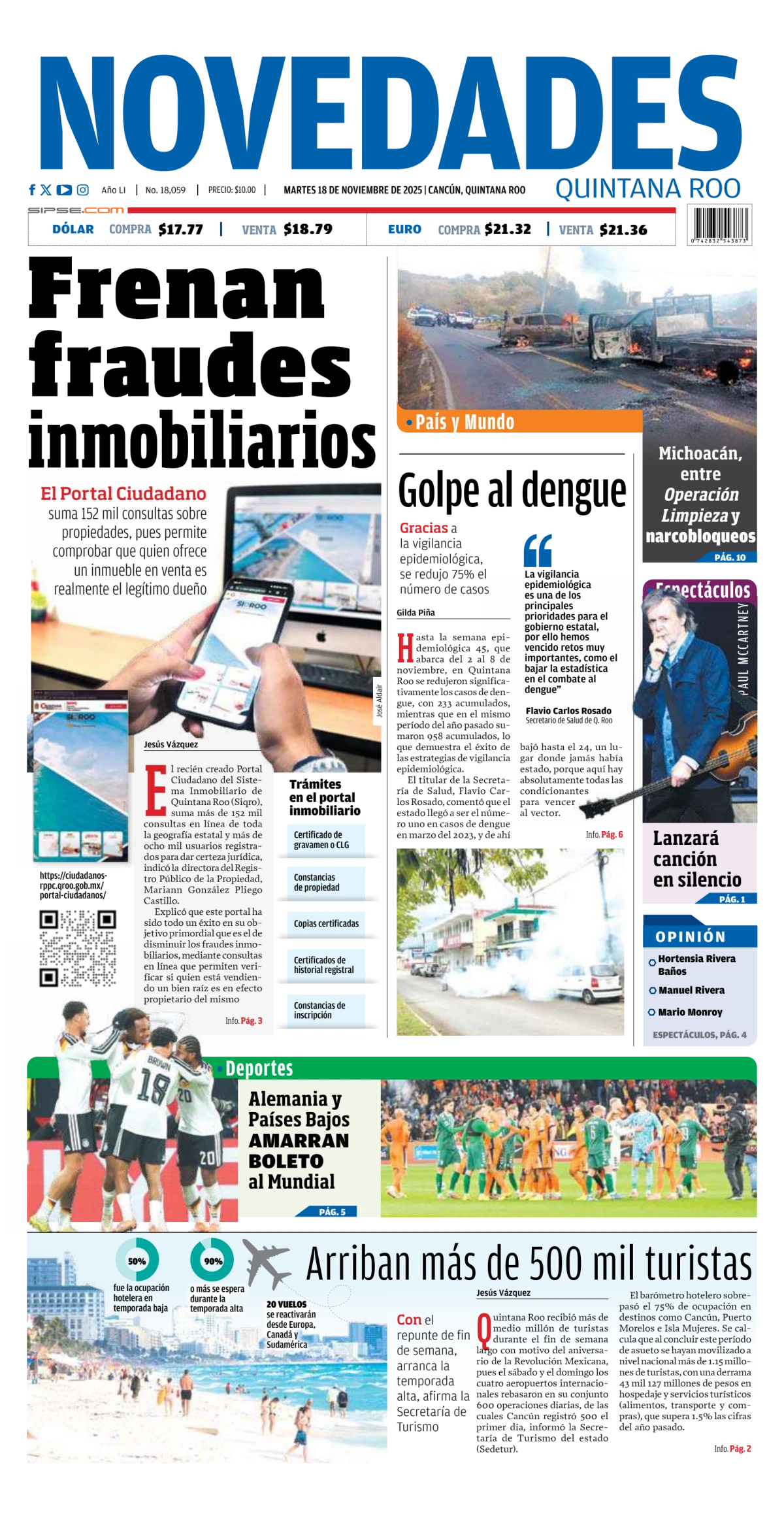 Portada de Novedades Quintana Roo del martes, 18 de noviembre de 2025