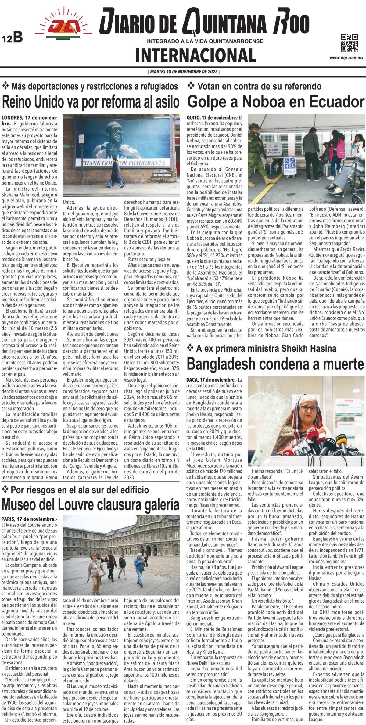 Portada de Diario de Quintana Roo (contra Portada) del martes, 18 de noviembre de 2025