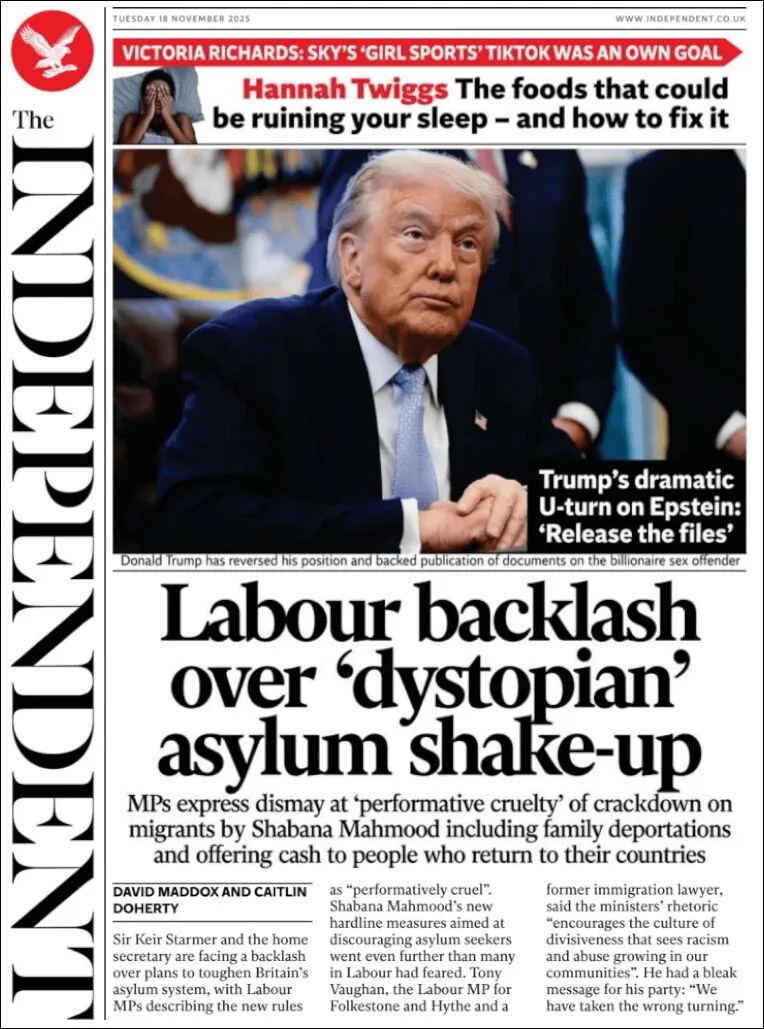 Portada de The Independent del martes, 18 de noviembre de 2025