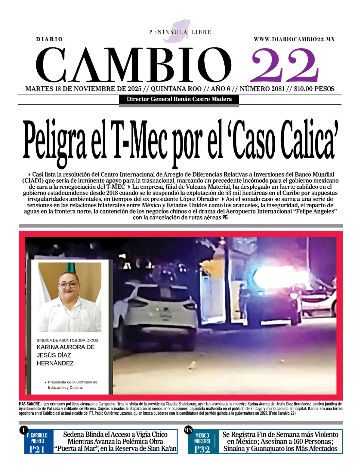 Portada de Diario Cambio 22 (contraportada) del martes, 18 de noviembre de 2025