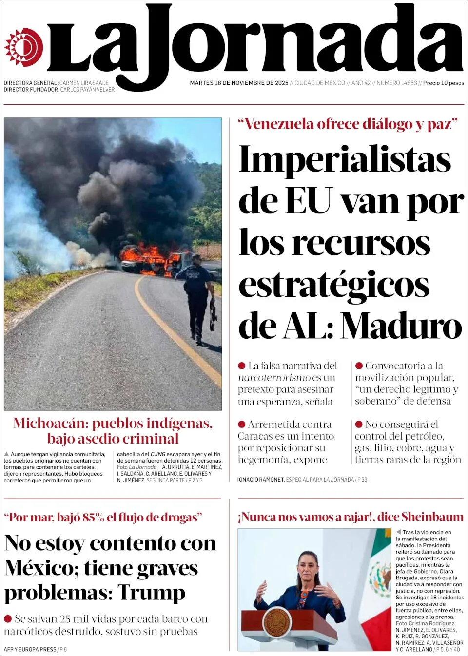 Portada de La Jornada del martes, 18 de noviembre de 2025