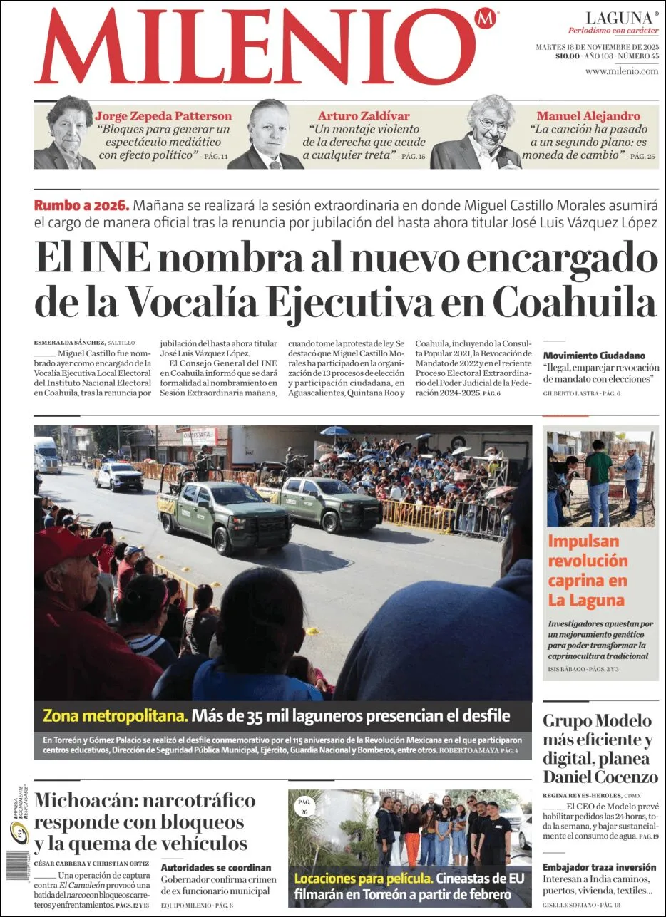 Portada de Milenio Laguna del martes, 18 de noviembre de 2025