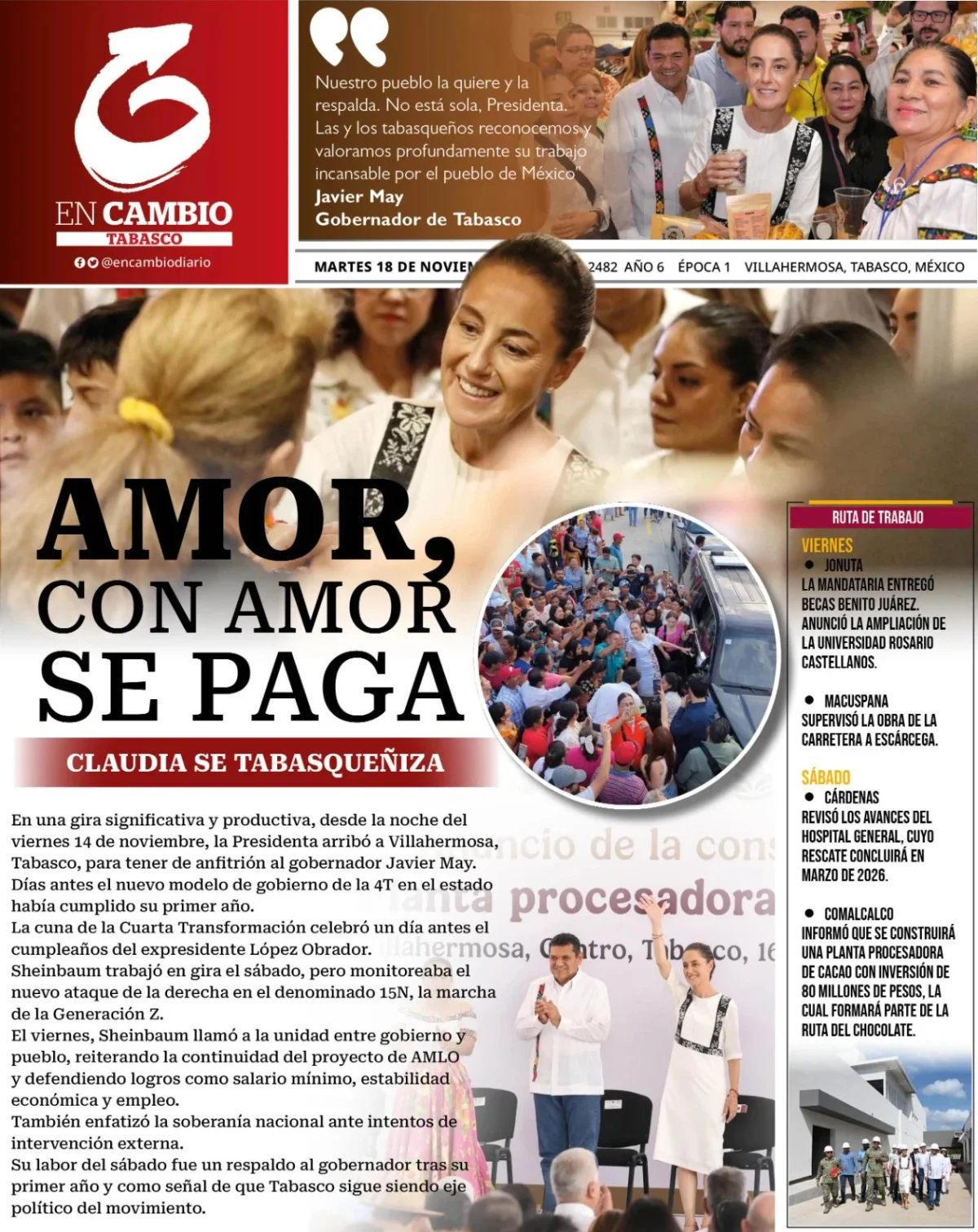Portada de En Cambio - Tabasco (portada) del martes, 18 de noviembre de 2025