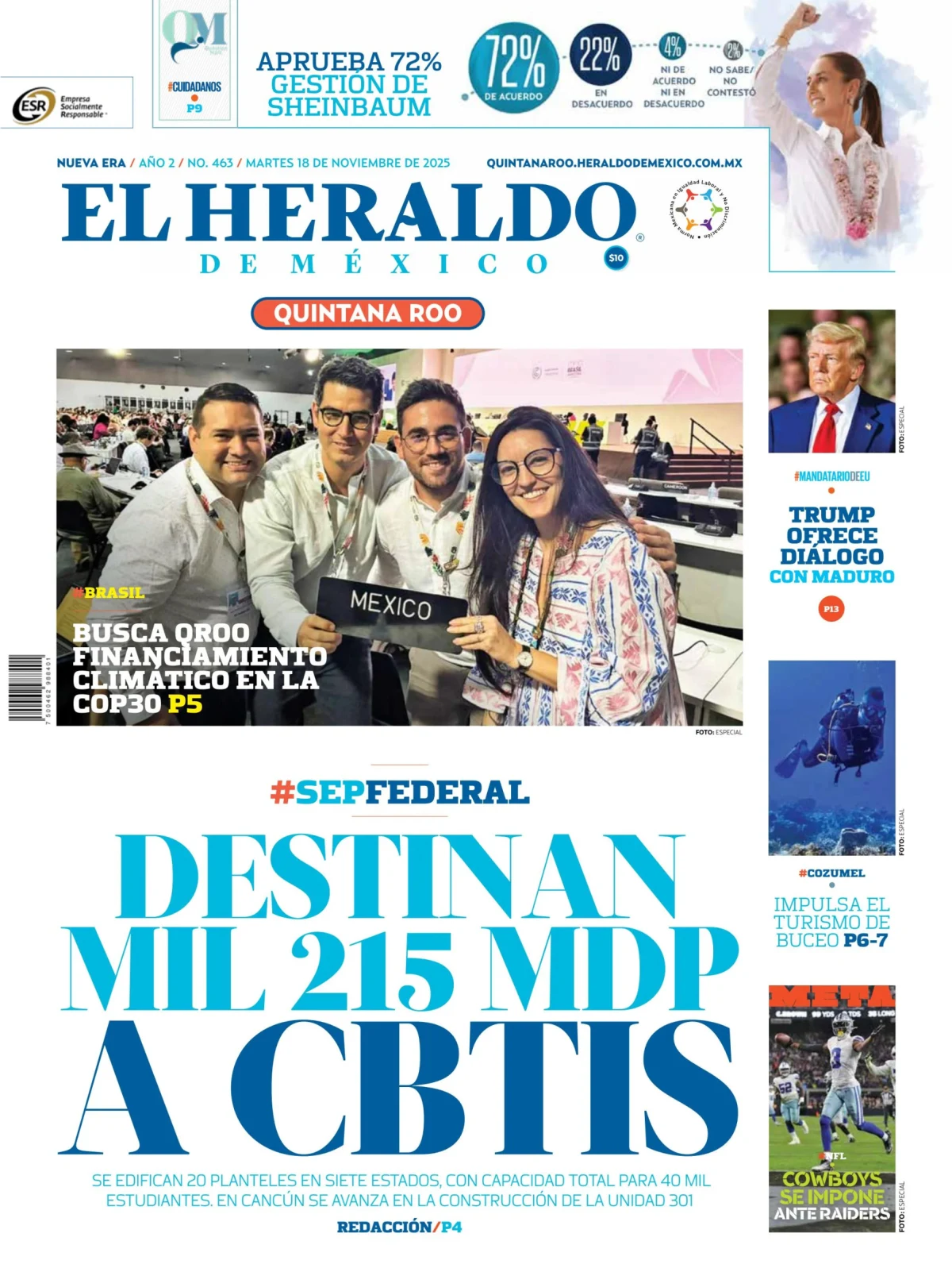 Portada de El Heraldo de Mexico - Quintana Roo del martes, 18 de noviembre de 2025