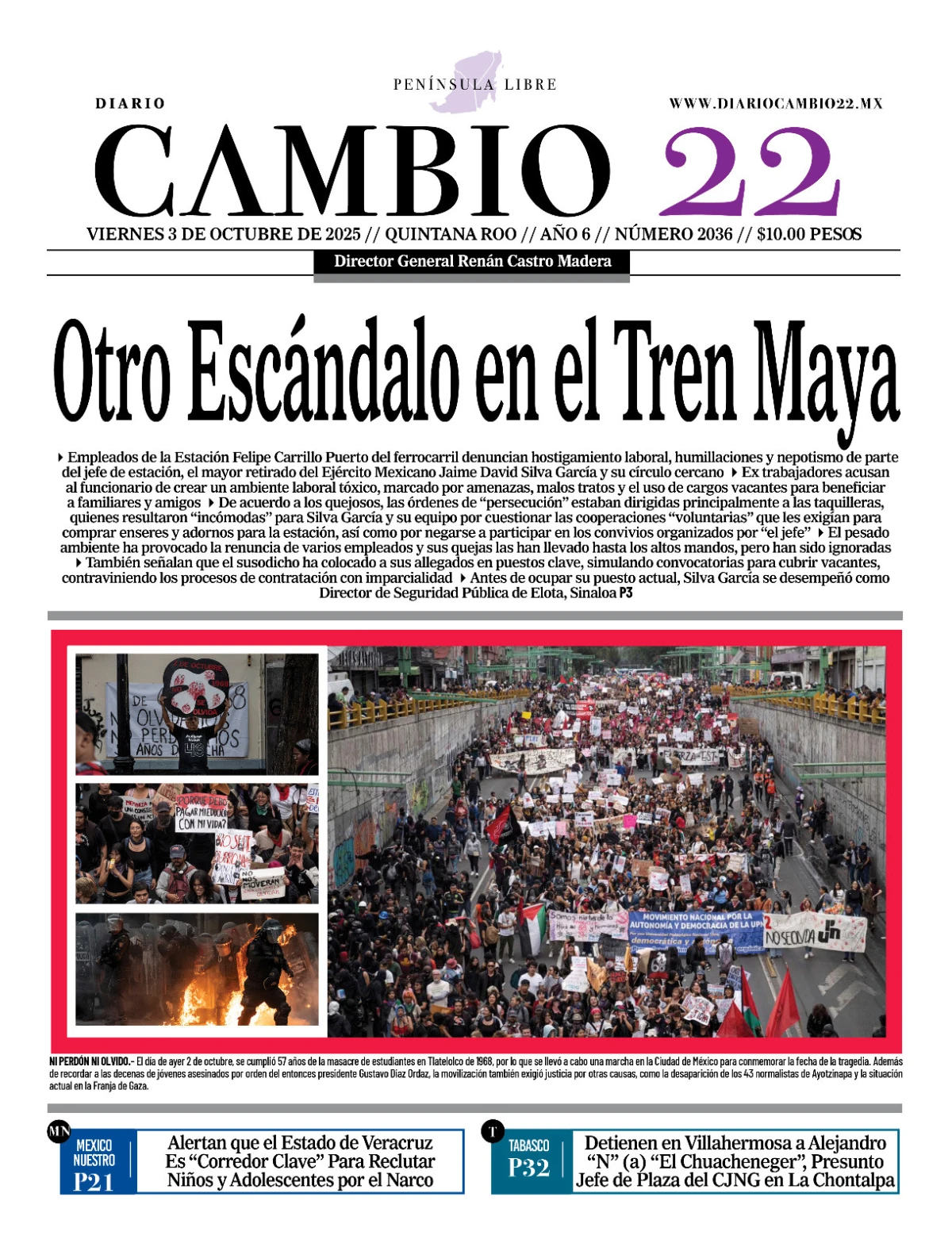 Portada de Diario Cambio 22 (contraportada) del viernes, 3 de octubre de 2025