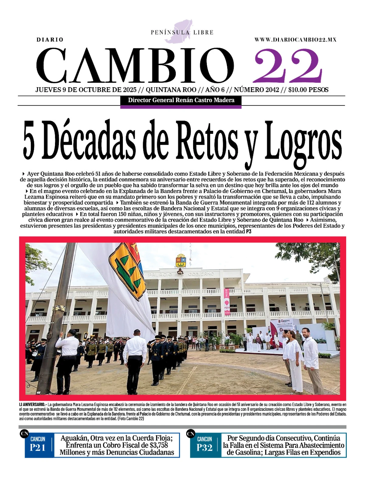 Portada de Diario Cambio 22 (portada) del jueves, 9 de octubre de 2025
