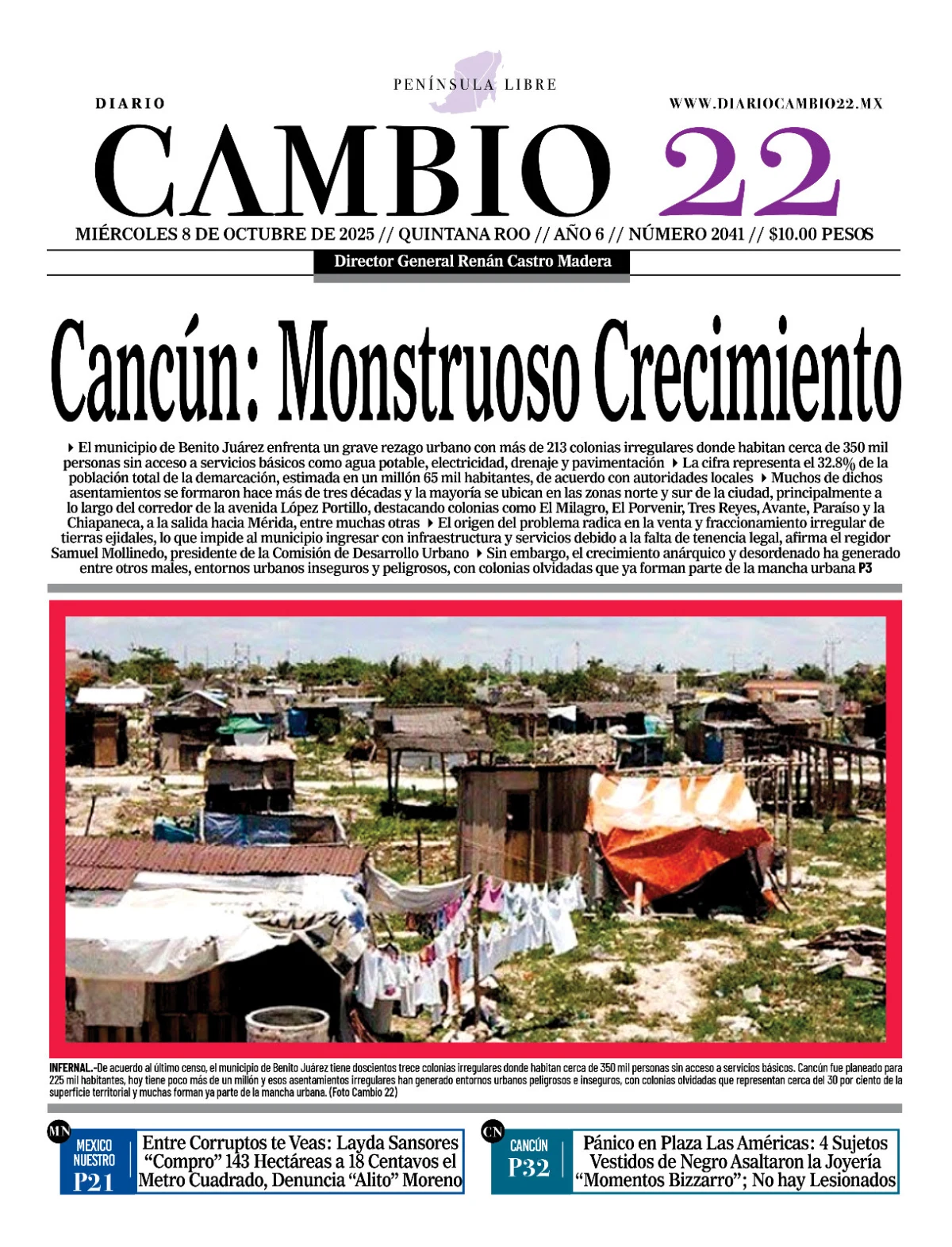 Portada de Diario Cambio 22 (contraportada) del miércoles, 8 de octubre de 2025