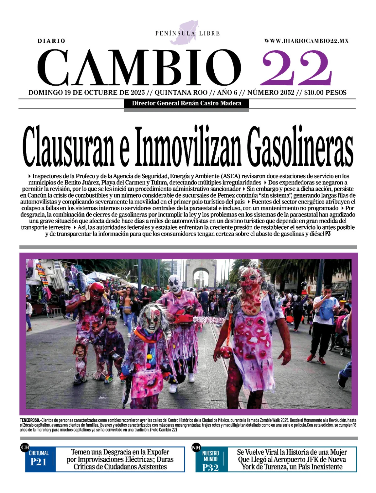 Portada de Diario Cambio 22 (contraportada) del domingo, 19 de octubre de 2025