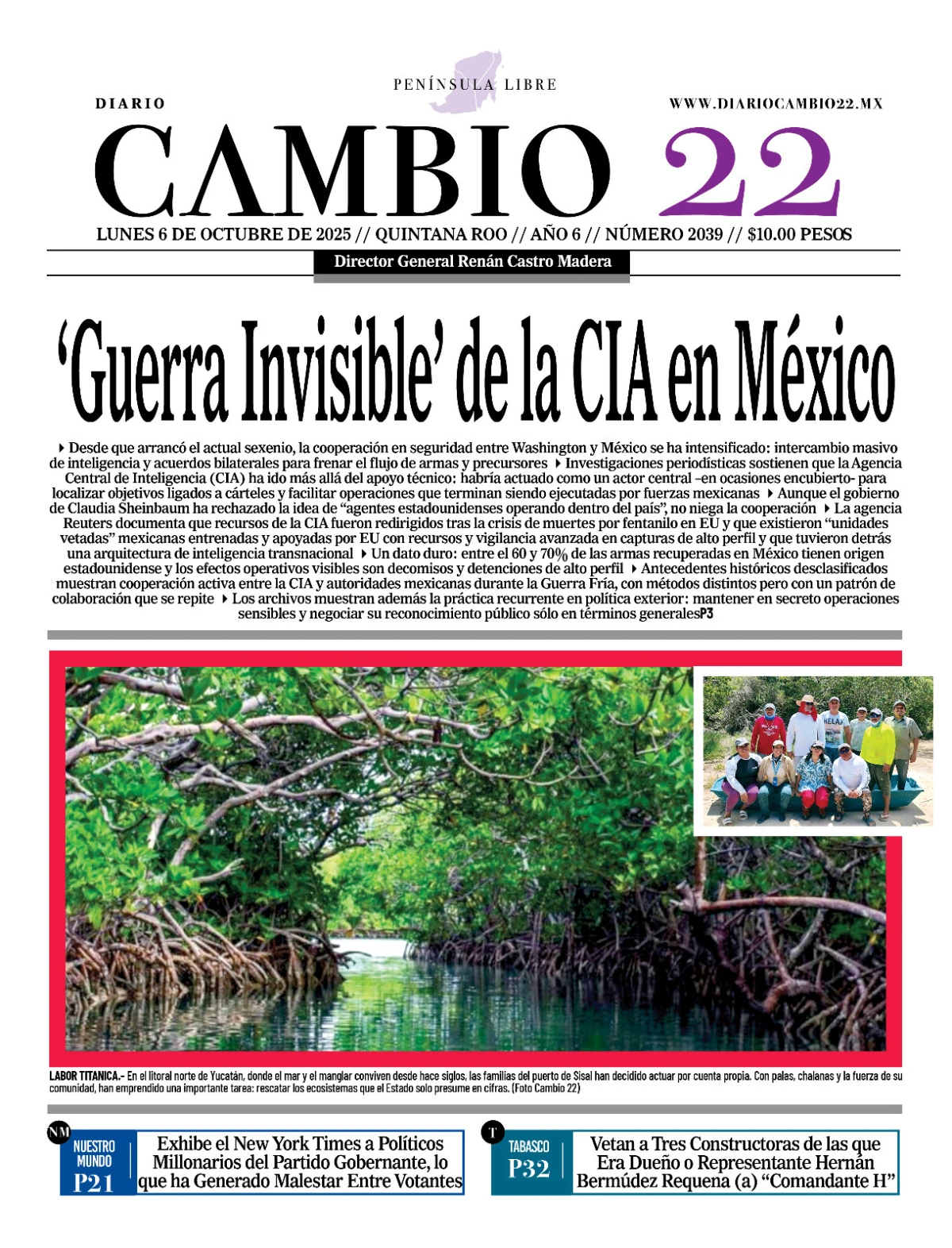 Portada de Diario Cambio 22 (contraportada) del lunes, 6 de octubre de 2025